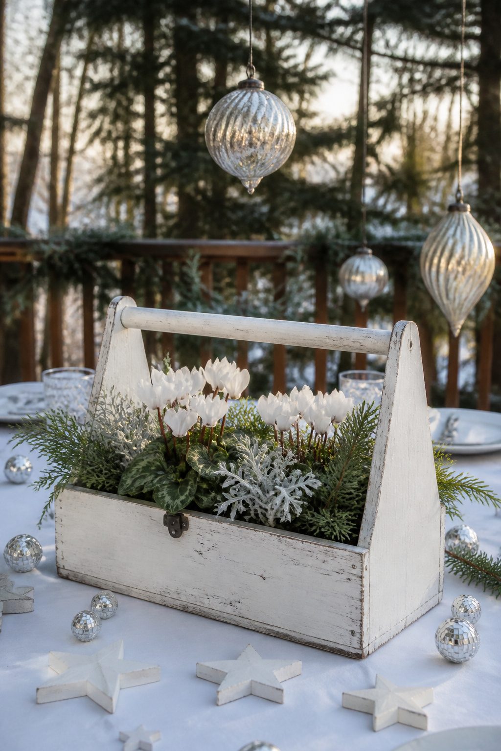 9 Outdoor Christmas Table Decoration Ideas for 2026 3 A white upcycled toolbox filled with greens and flowers on a table.