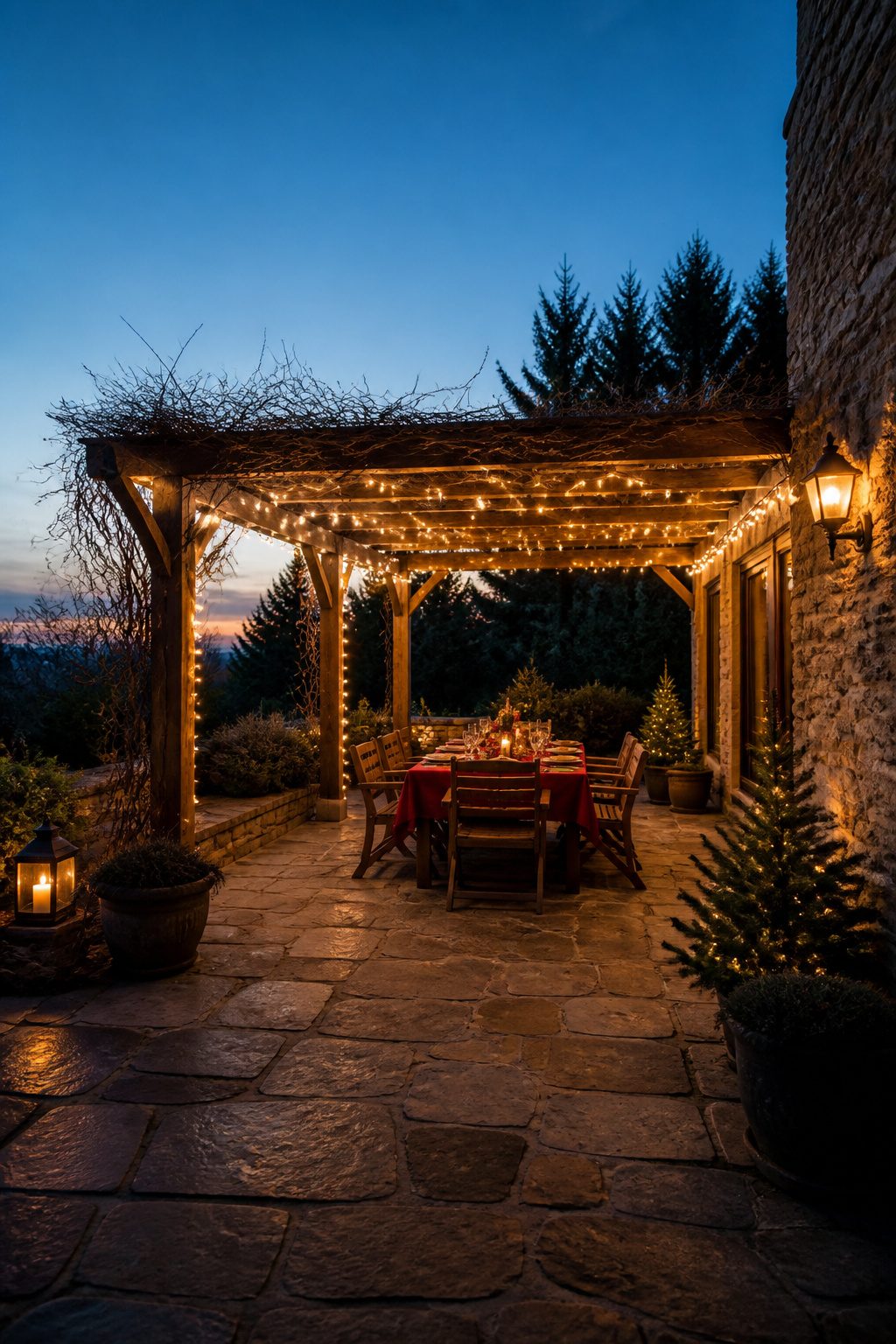 9 Outdoor Christmas Table Decoration Ideas for 2026 4 String lights hanging above an outdoor table, providing warm illumination.