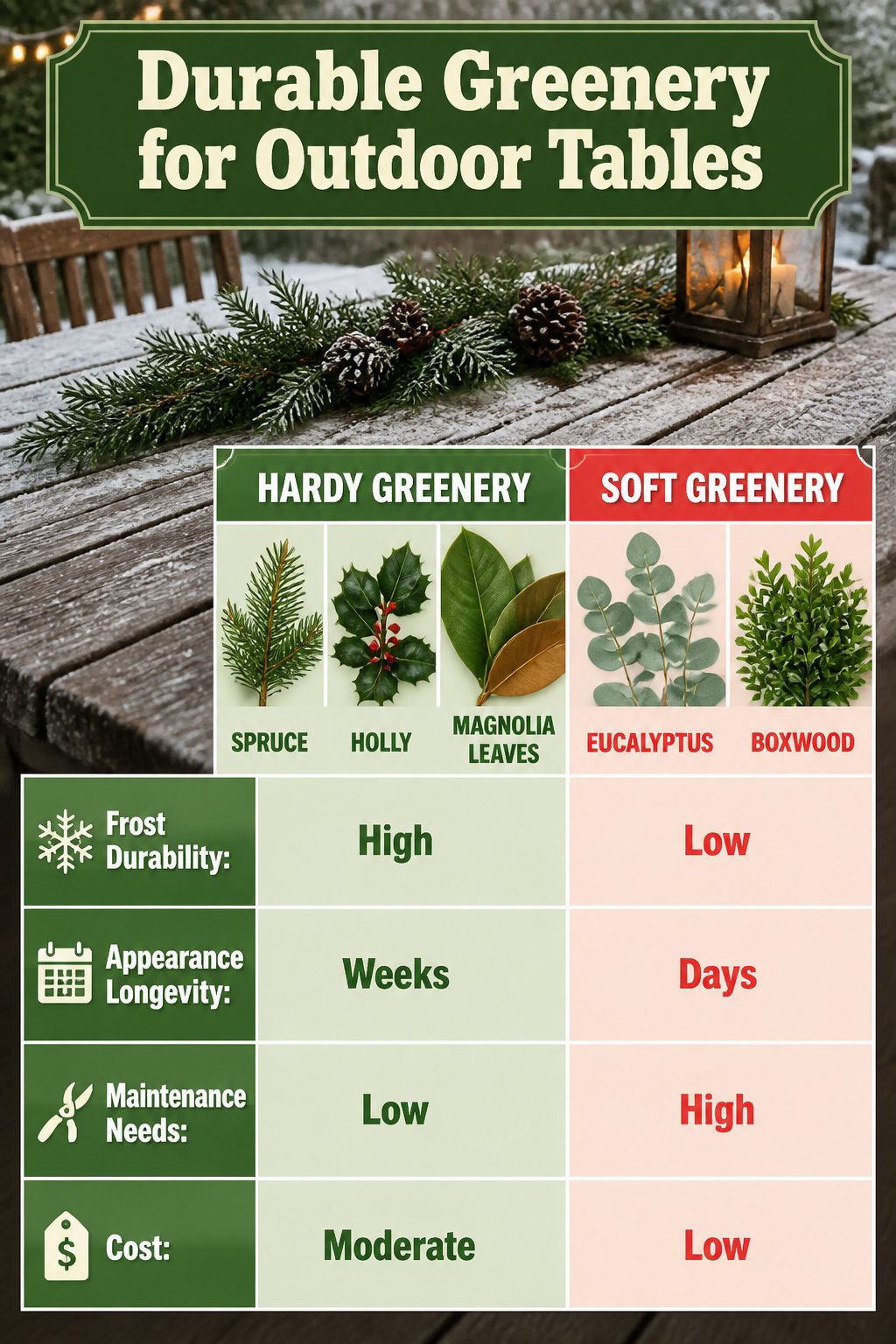 9 Outdoor Christmas Table Decoration Ideas for 2026 10 Fresh greenery including spruce and holly laid on an outdoor table.