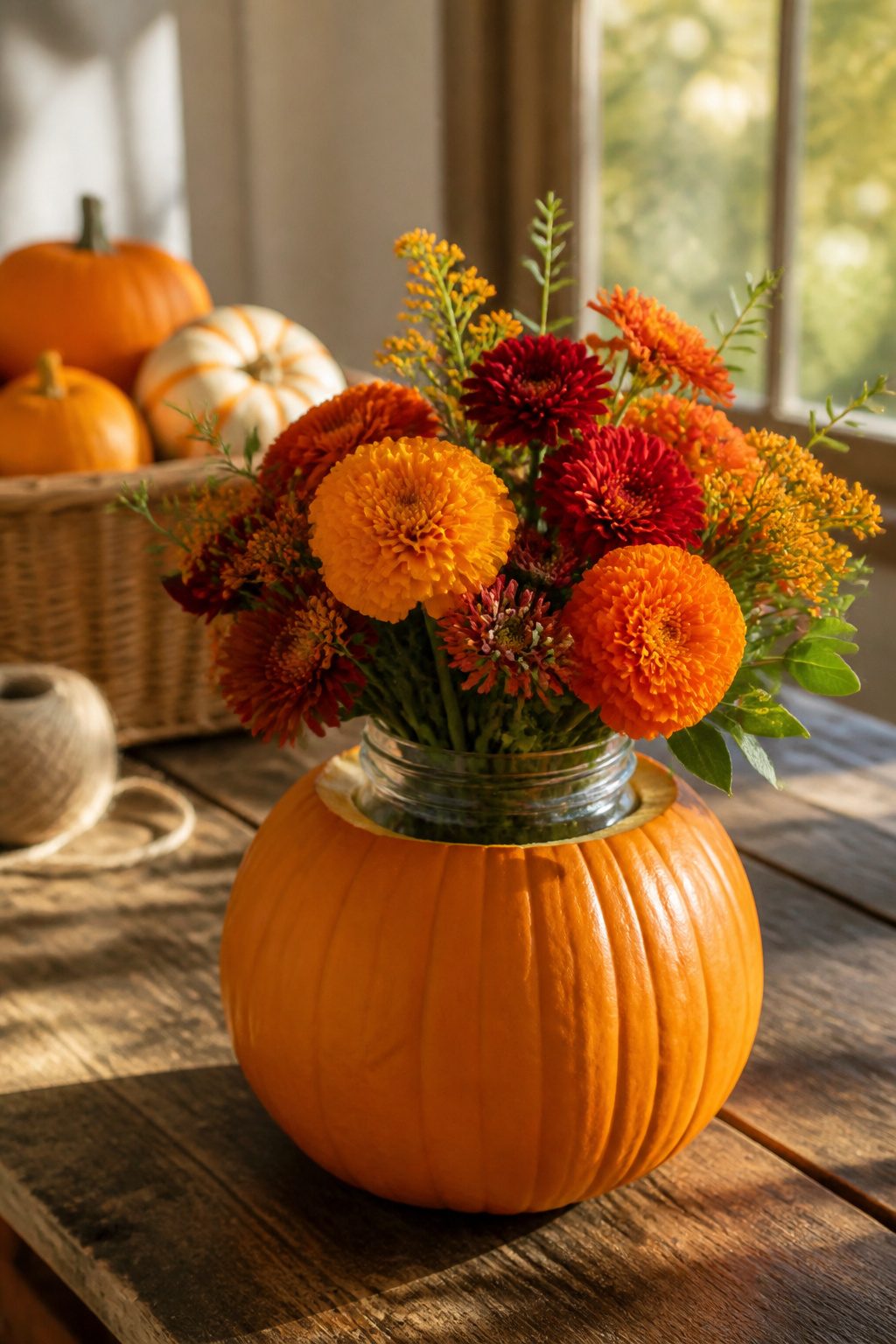 25 Pumpkin Craft Ideas for Fall Decor, Kids, and Adults (2026) 2 A pumpkin vase holding flowers, with a mason jar inside.