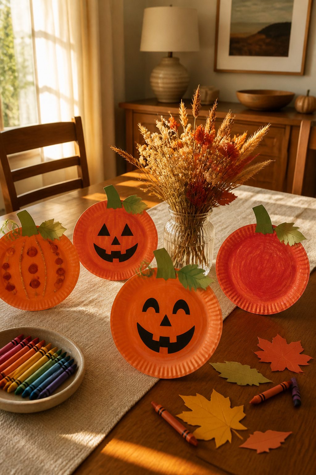 25 Pumpkin Craft Ideas for Fall Decor, Kids, and Adults (2026) 9 Paper plate pumpkins with various expressions on a dining table.