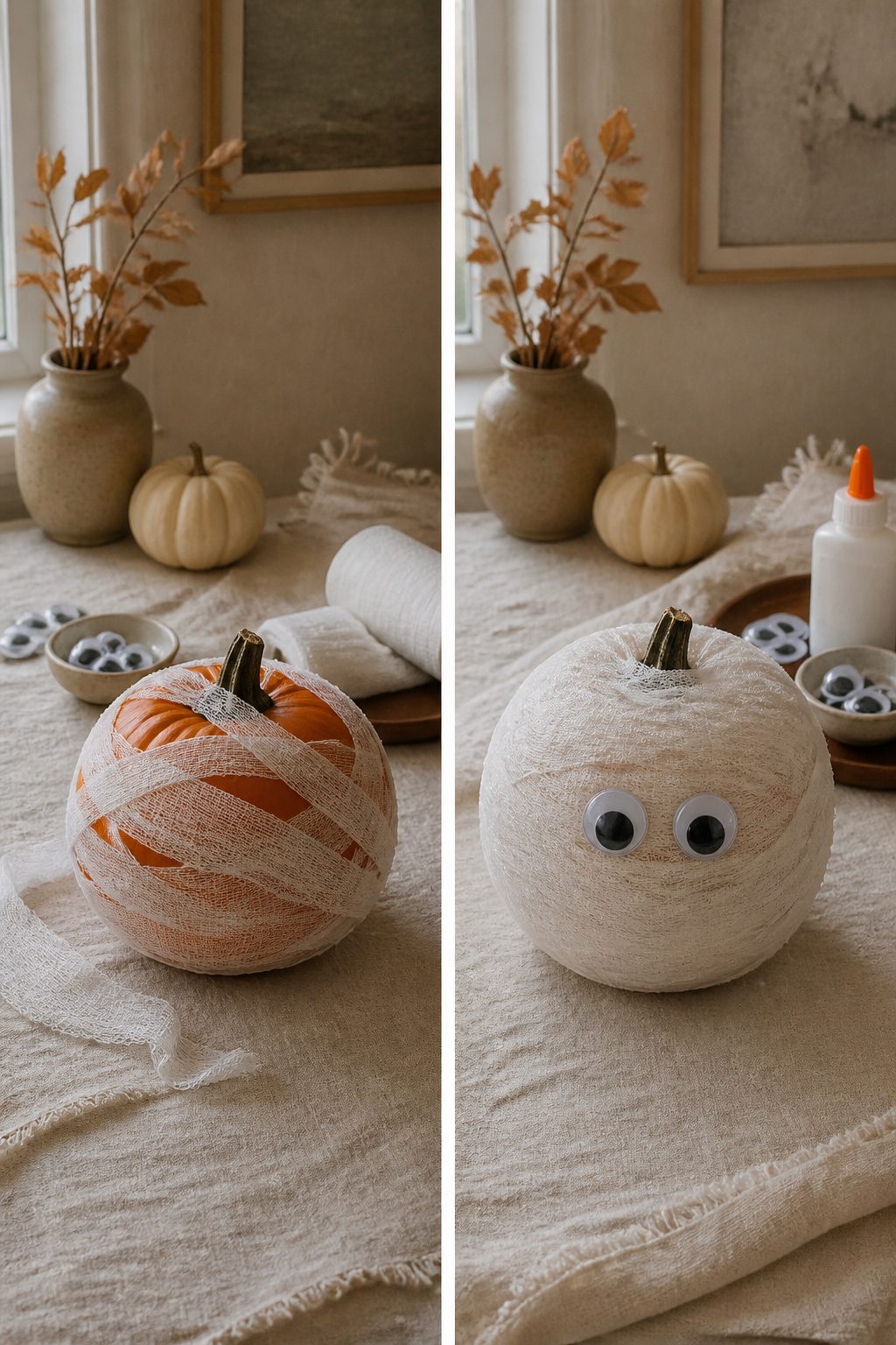 25 Pumpkin Craft Ideas for Fall Decor, Kids, and Adults (2026) 10 Gauze-wrapped pumpkin mummies with googly eyes.