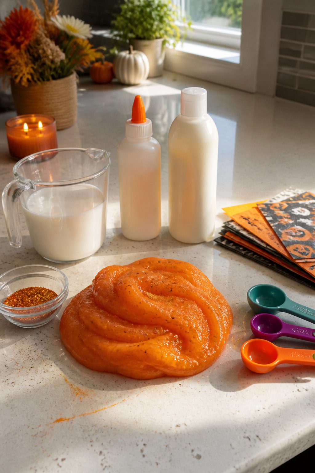 25 Pumpkin Craft Ideas for Fall Decor, Kids, and Adults (2026) 12 Ingredients for pumpkin slime on a kitchen counter.