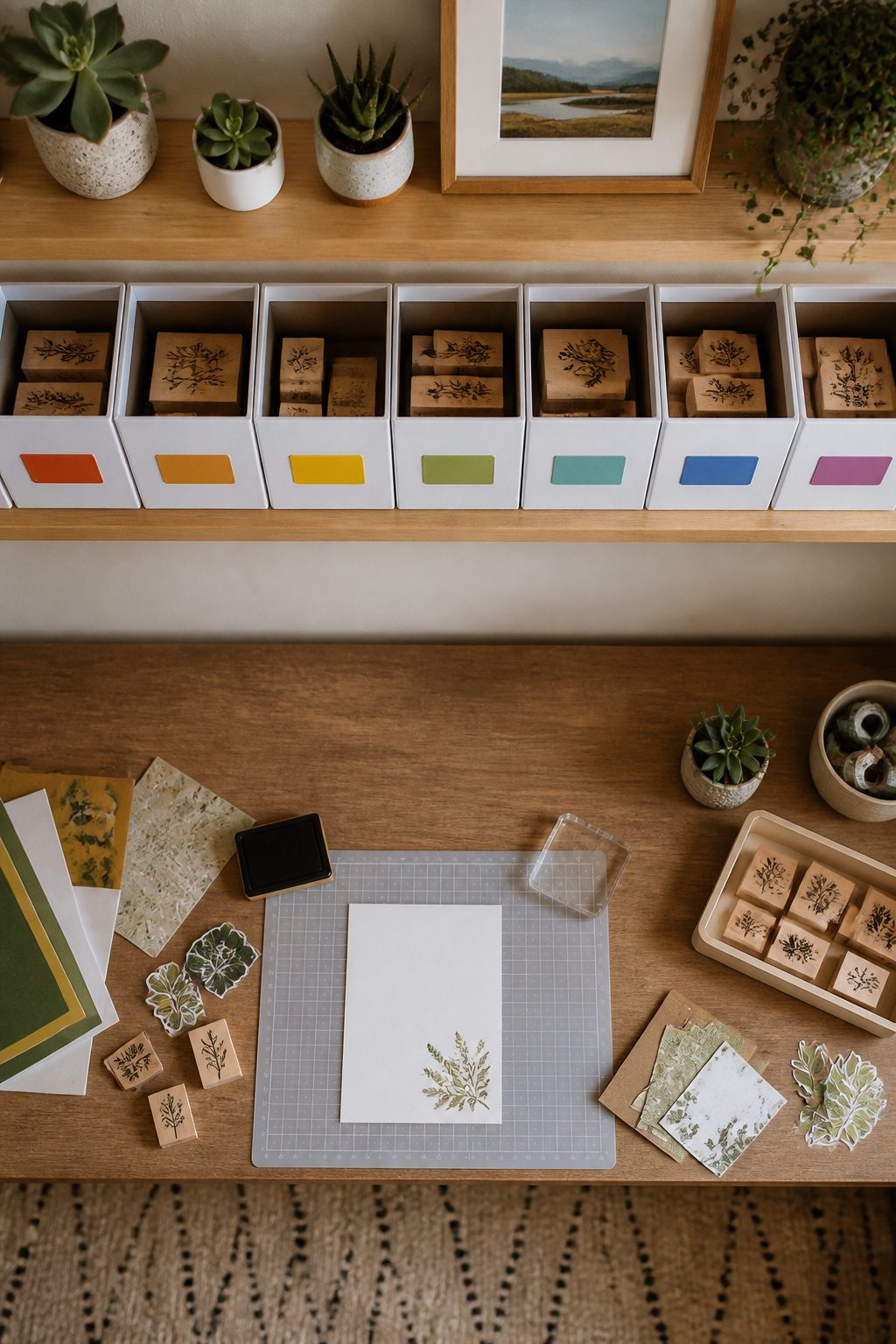 Rubber Stamp Storage: How to Organize and Protect Your Collection 10 Sorted rubber stamps in labeled photo storage boxes on a table.