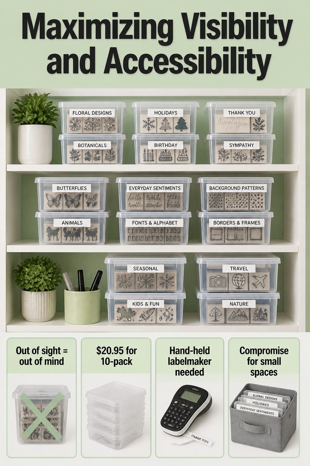 Rubber Stamp Storage: How to Organize and Protect Your Collection 8 Clear containers arranged on a shelf, containing various rubber stamps.