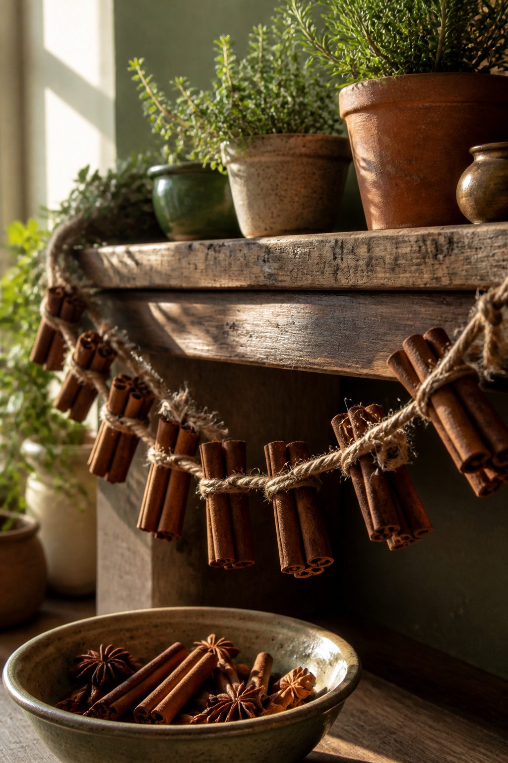 8 Rustic Christmas Garland Ideas for 2026: Wood, Pinecones, Citrus & More 3 A garland of cinnamon sticks and jute twine on a rustic wooden shelf.