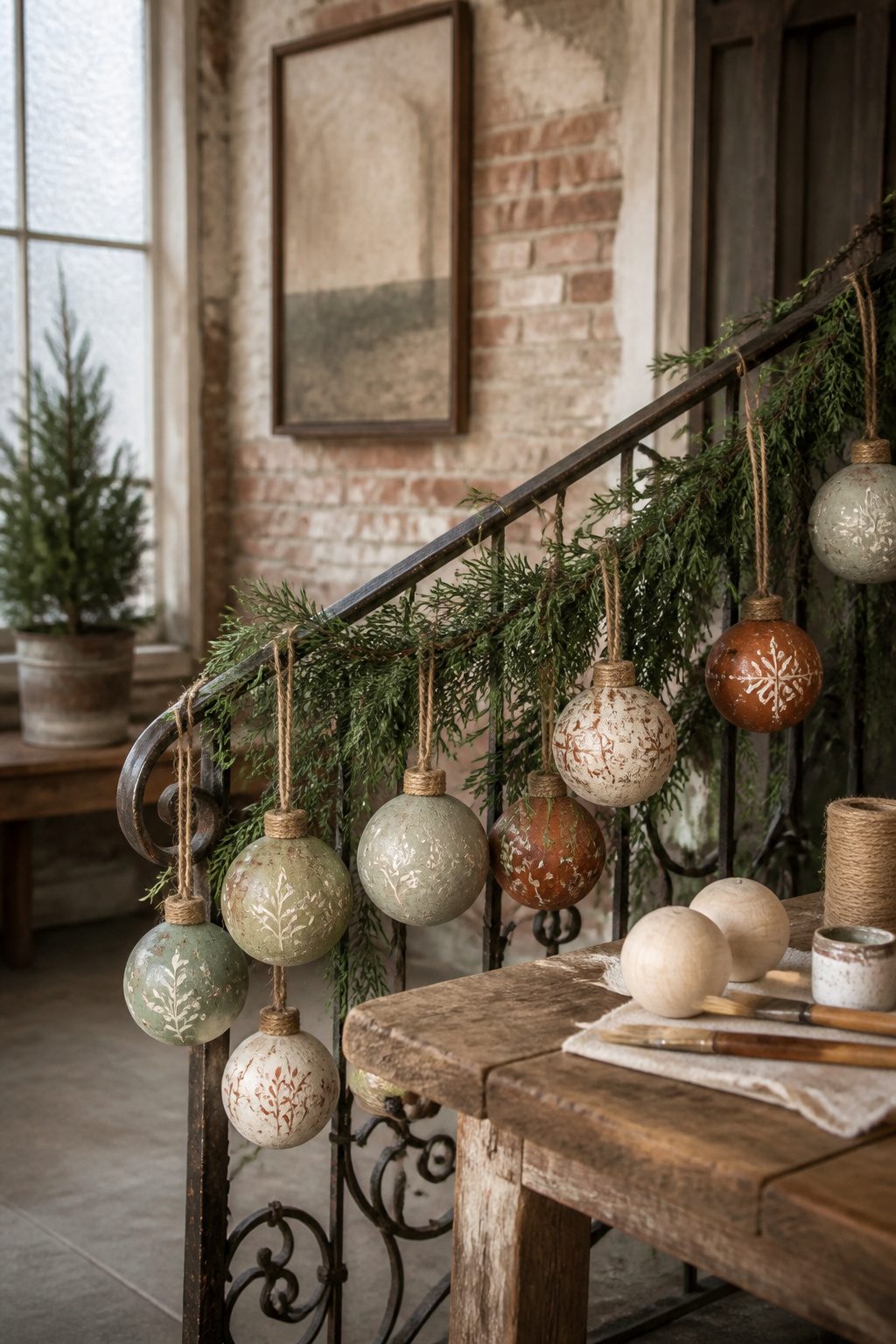 8 Rustic Christmas Garland Ideas for 2026: Wood, Pinecones, Citrus & More 4 A rustic garland adorned with hand-painted ornaments in soft colors.