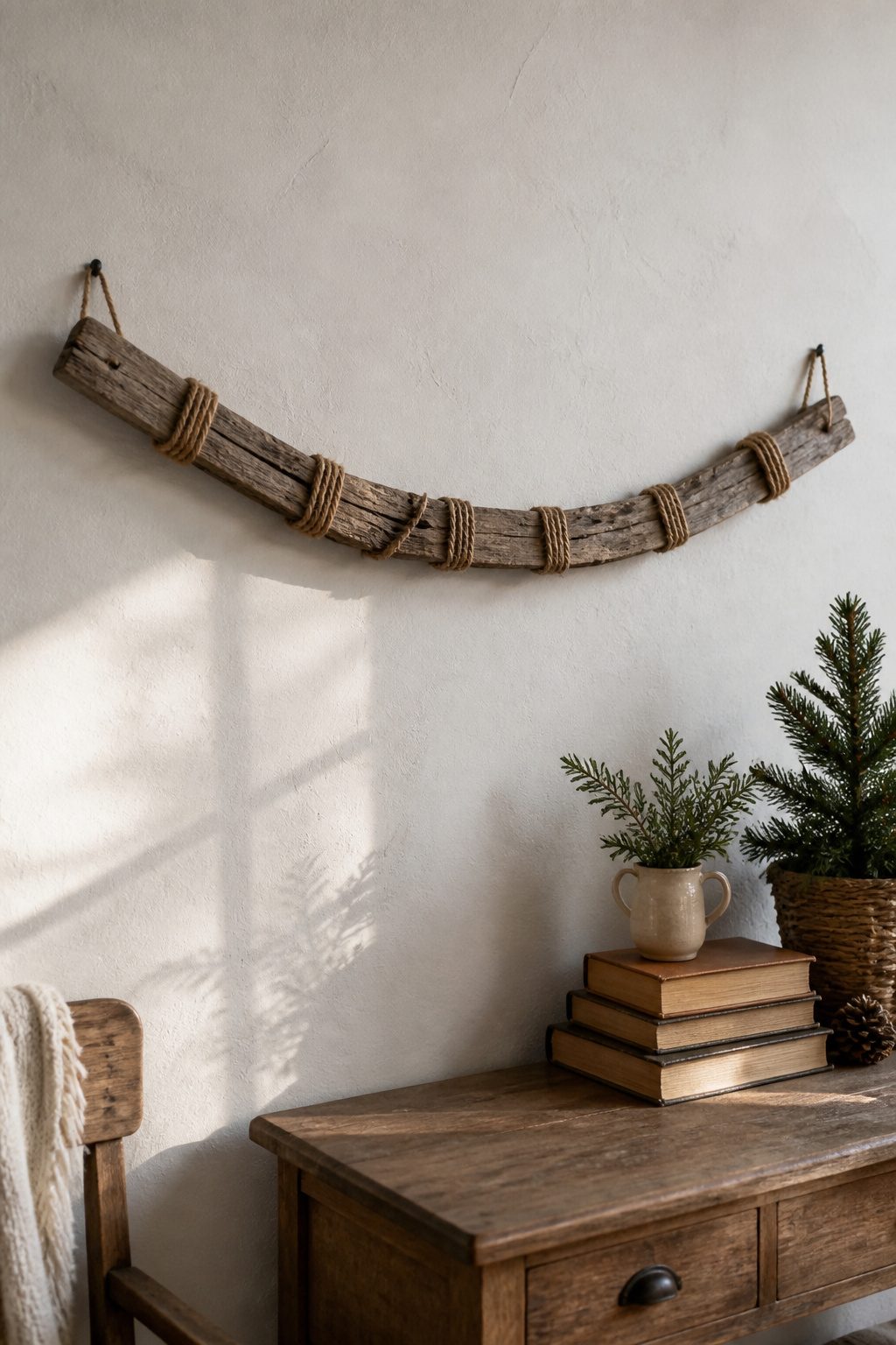 8 Rustic Christmas Garland Ideas for 2026: Wood, Pinecones, Citrus & More 1 A reclaimed barn wood garland with jute rope hanging on a wall.