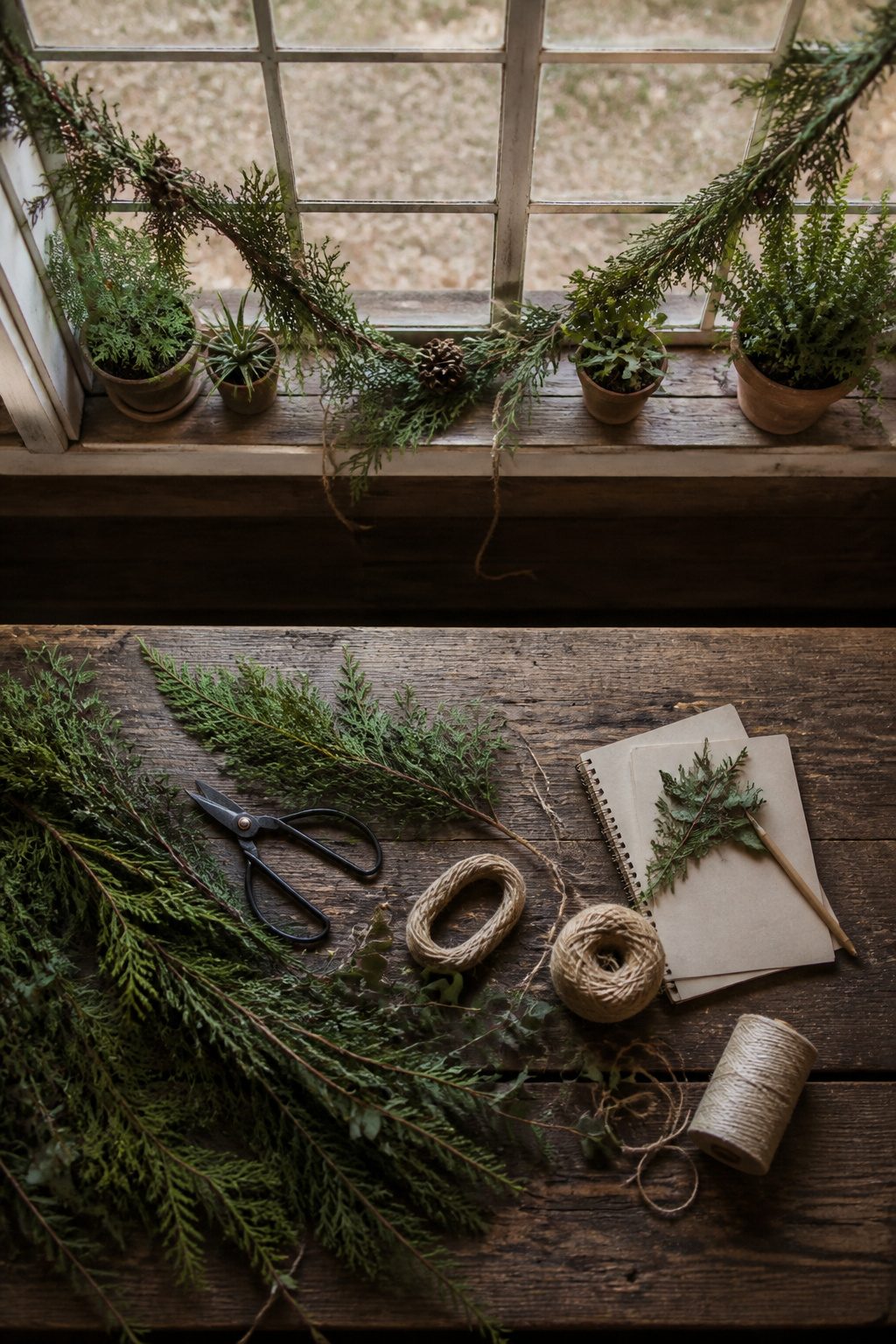 8 Rustic Christmas Garland Ideas for 2026: Wood, Pinecones, Citrus & More 8 Twine and floral wire used in a rustic garland construction.