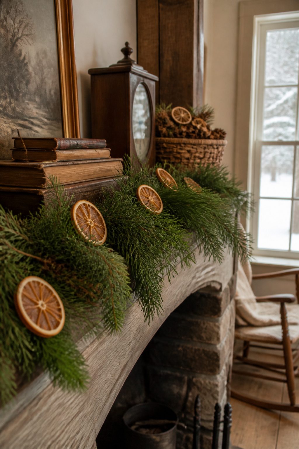 8 Rustic Christmas Garland Ideas for 2026: Wood, Pinecones, Citrus & More 12 A rustic garland of evergreens and dried citrus on a mantel.