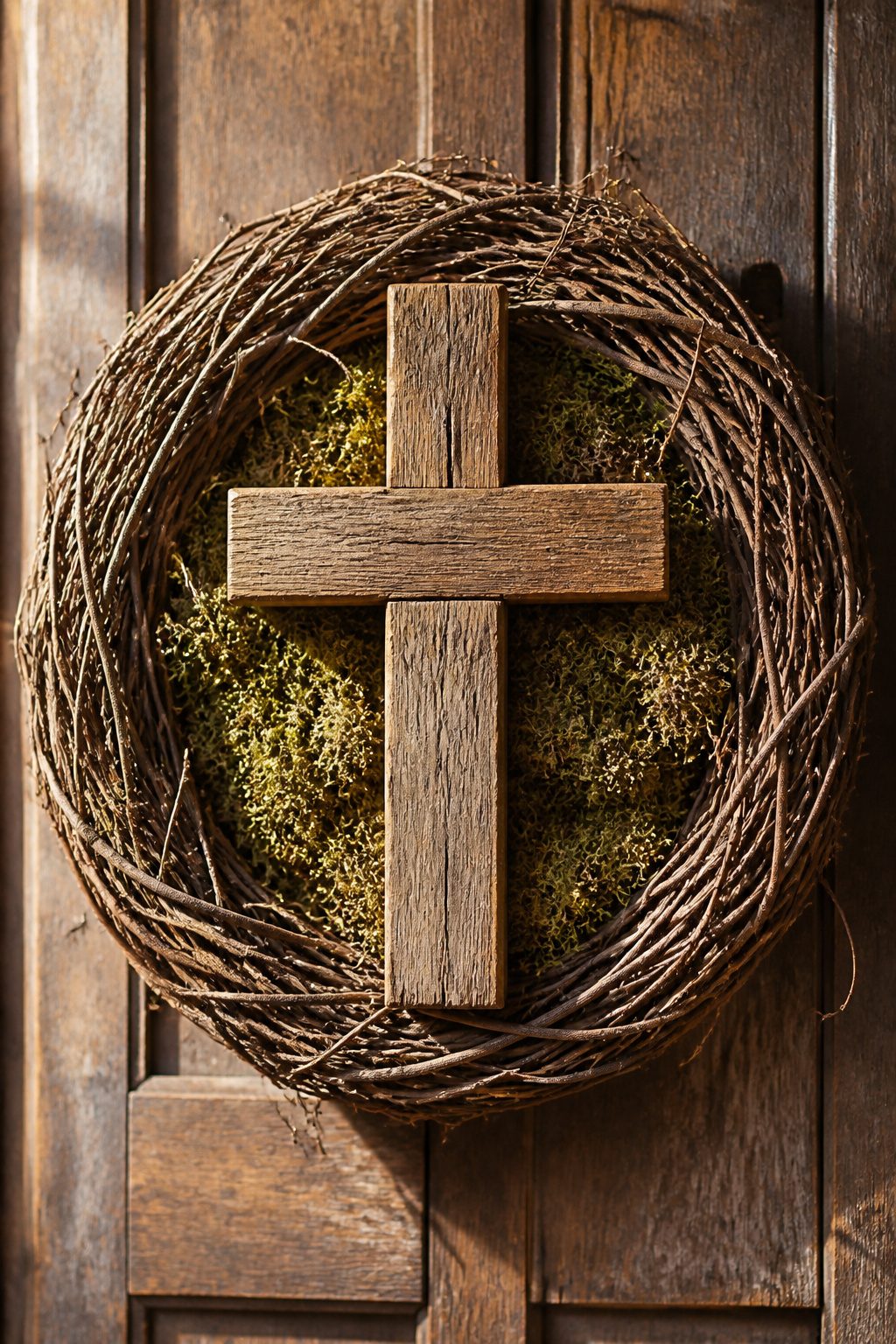 10 Rustic Easter Decor DIY Ideas for 2026 8 Grapevine wreath with a wooden cross and moss.