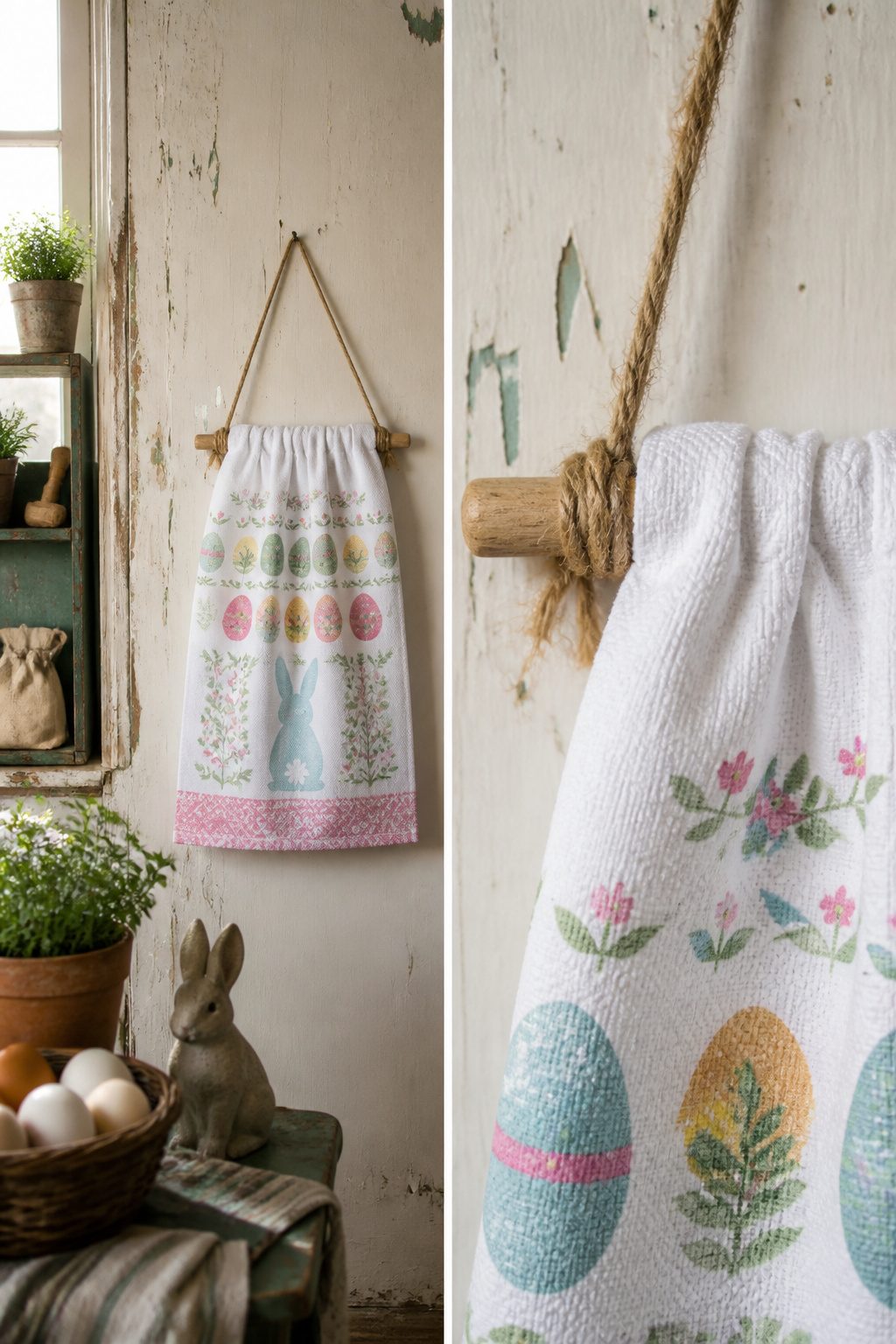 10 Rustic Easter Decor DIY Ideas for 2026 3 A hand towel displayed on the wall with a dowel and twine.