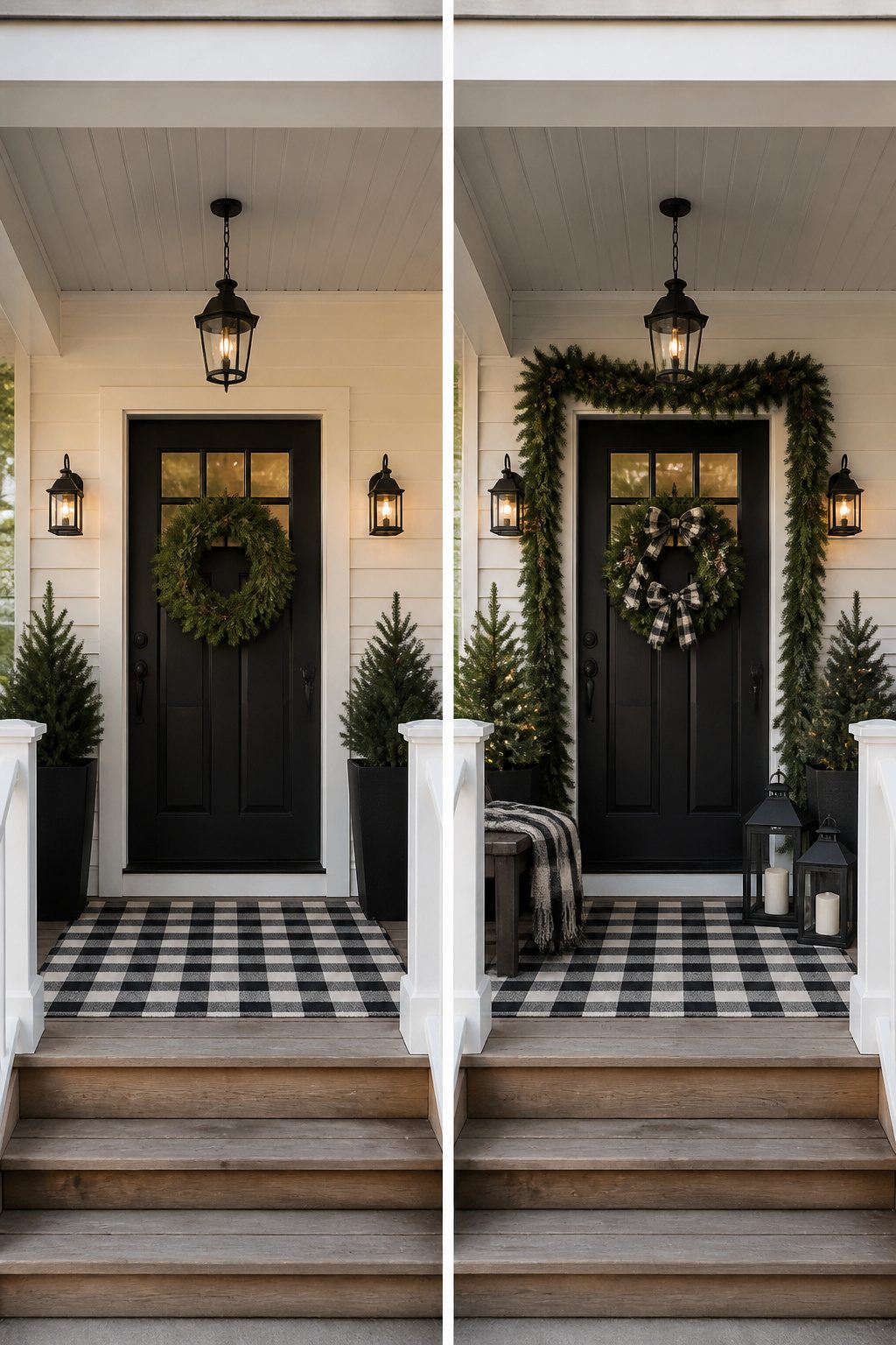 Black, white, and green decor elements on a porch.