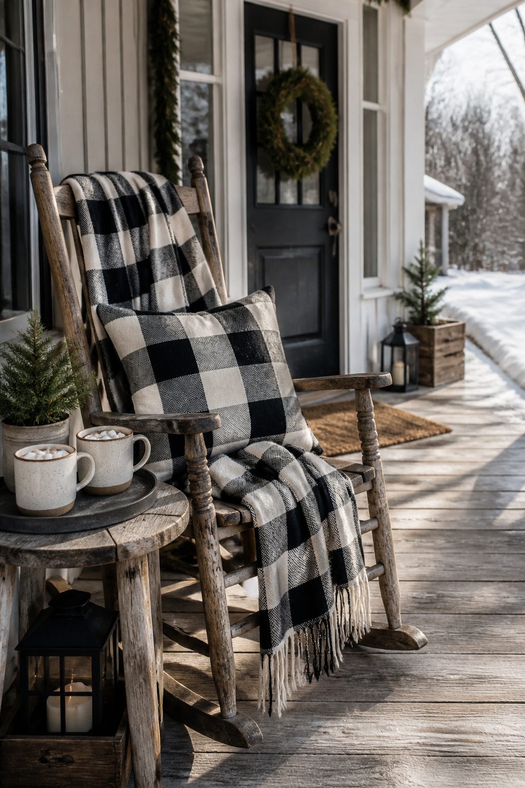 Buffalo check pillow and throw on a rustic rocking chair.
