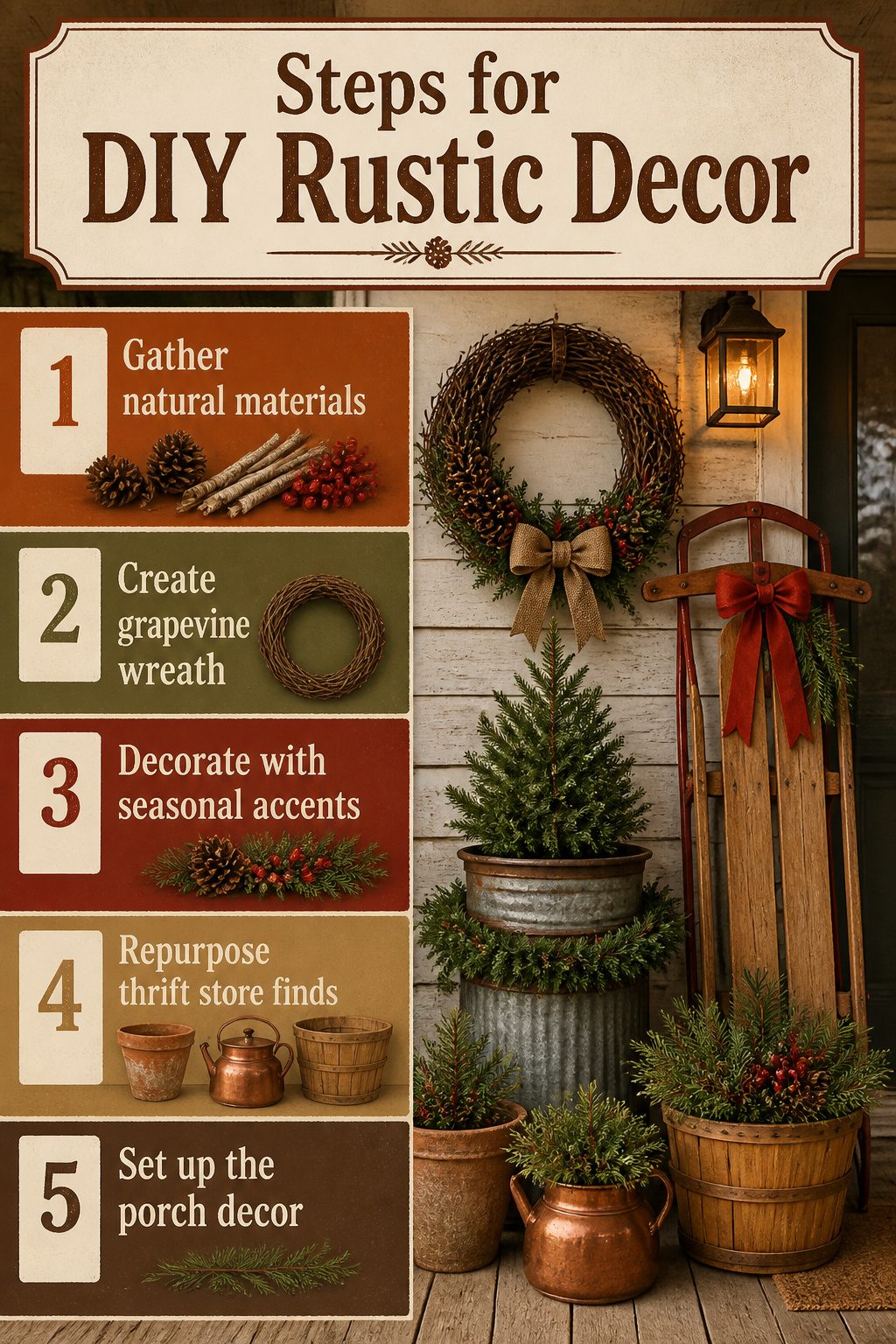 DIY rustic decor crafted from grapevine wreath and natural elements.