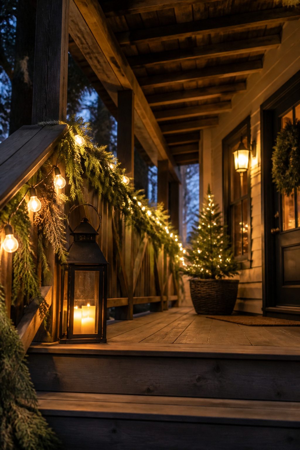 Warm white lights and lanterns decorating a front porch.