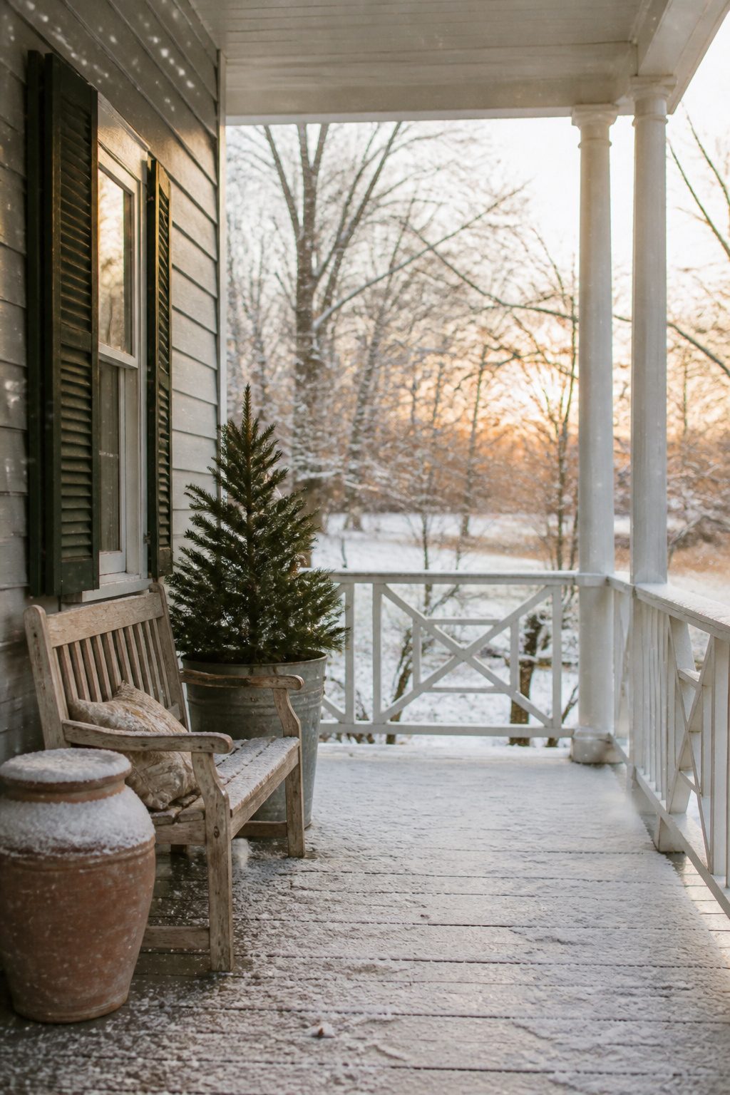 Three-foot faux tree in a galvanized bucket on a porch.