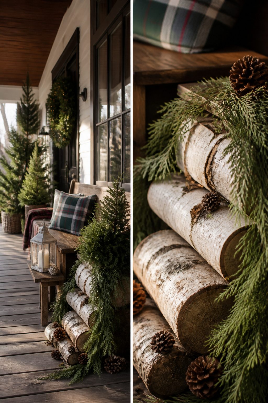 Pinecones, birch logs, and greenery arranged on a porch.