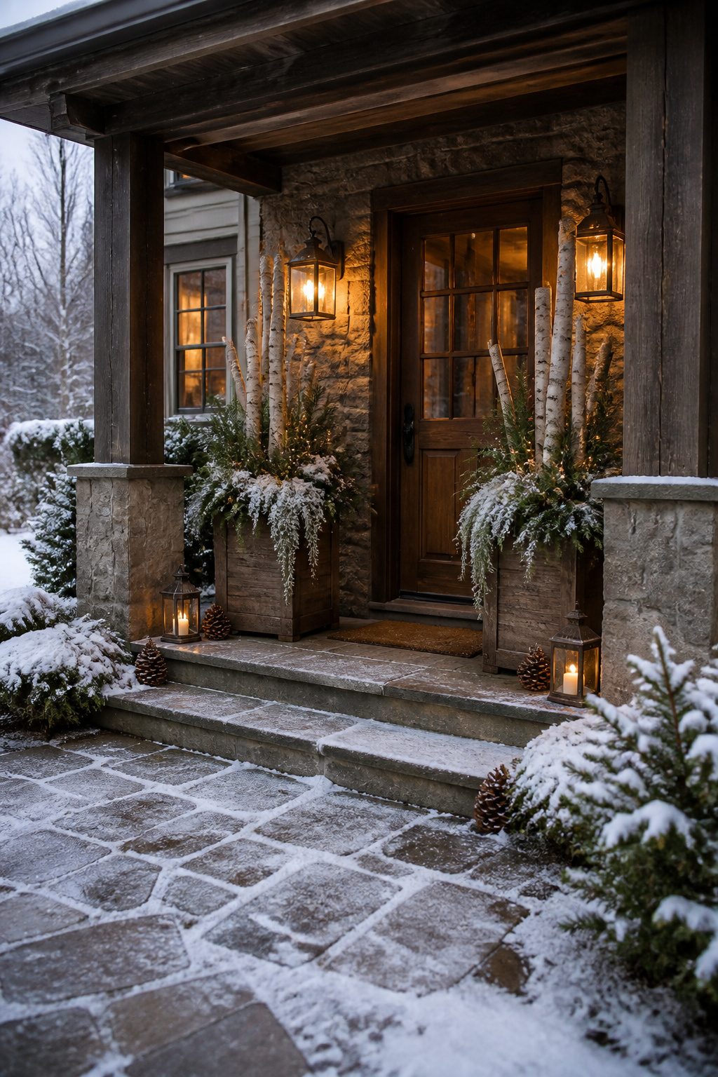 Planters with cypress greens and birch poles flanking a door.