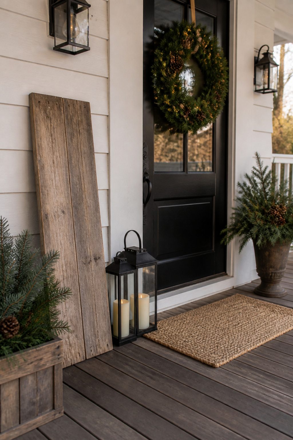 Wooden sign with 'Come In, It's Warm' message on the porch.