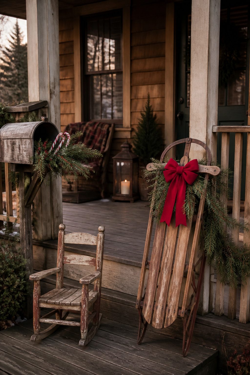 Vintage sled decorated with a red ribbon and greenery on a porch.