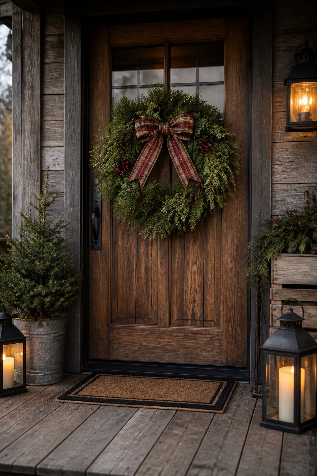 Wreath made of pine and cedar hanging on a front door.