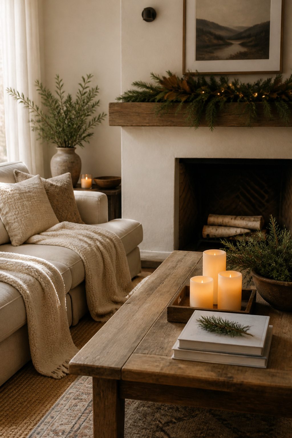 15 Simple Christmas Decorating Ideas for a Cozy 2026 Holiday 19 A cozy living room with layered textiles and soft candlelight.