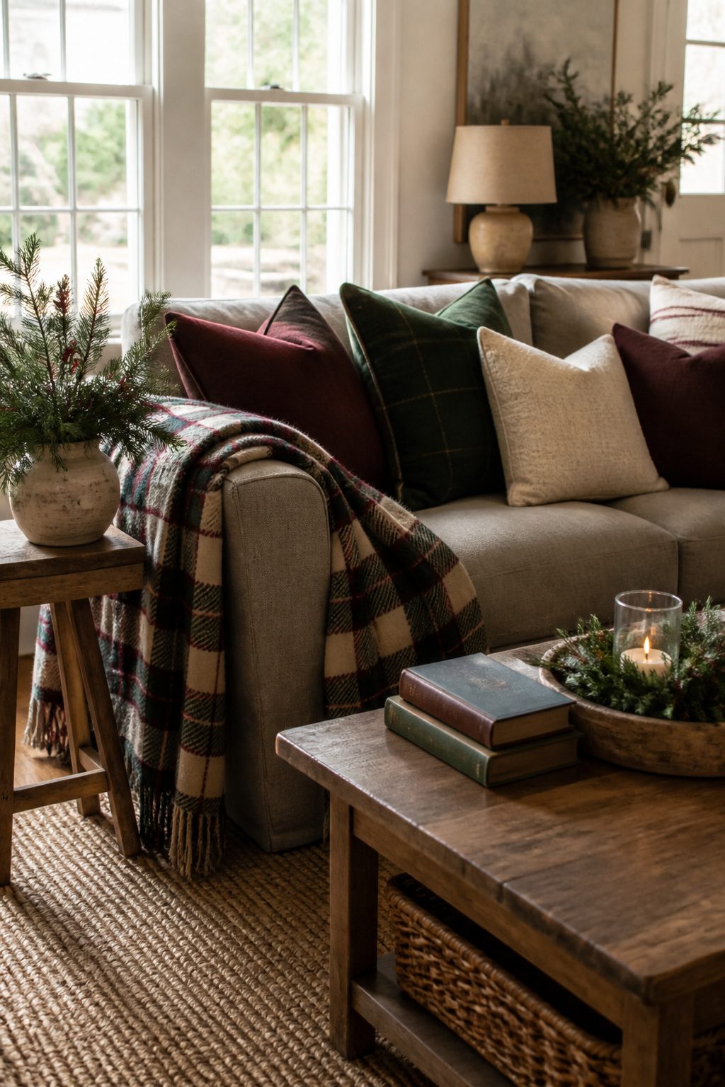 15 Simple Christmas Decorating Ideas for a Cozy 2026 Holiday 8 A sofa with pillows and a plaid blanket in a living room.