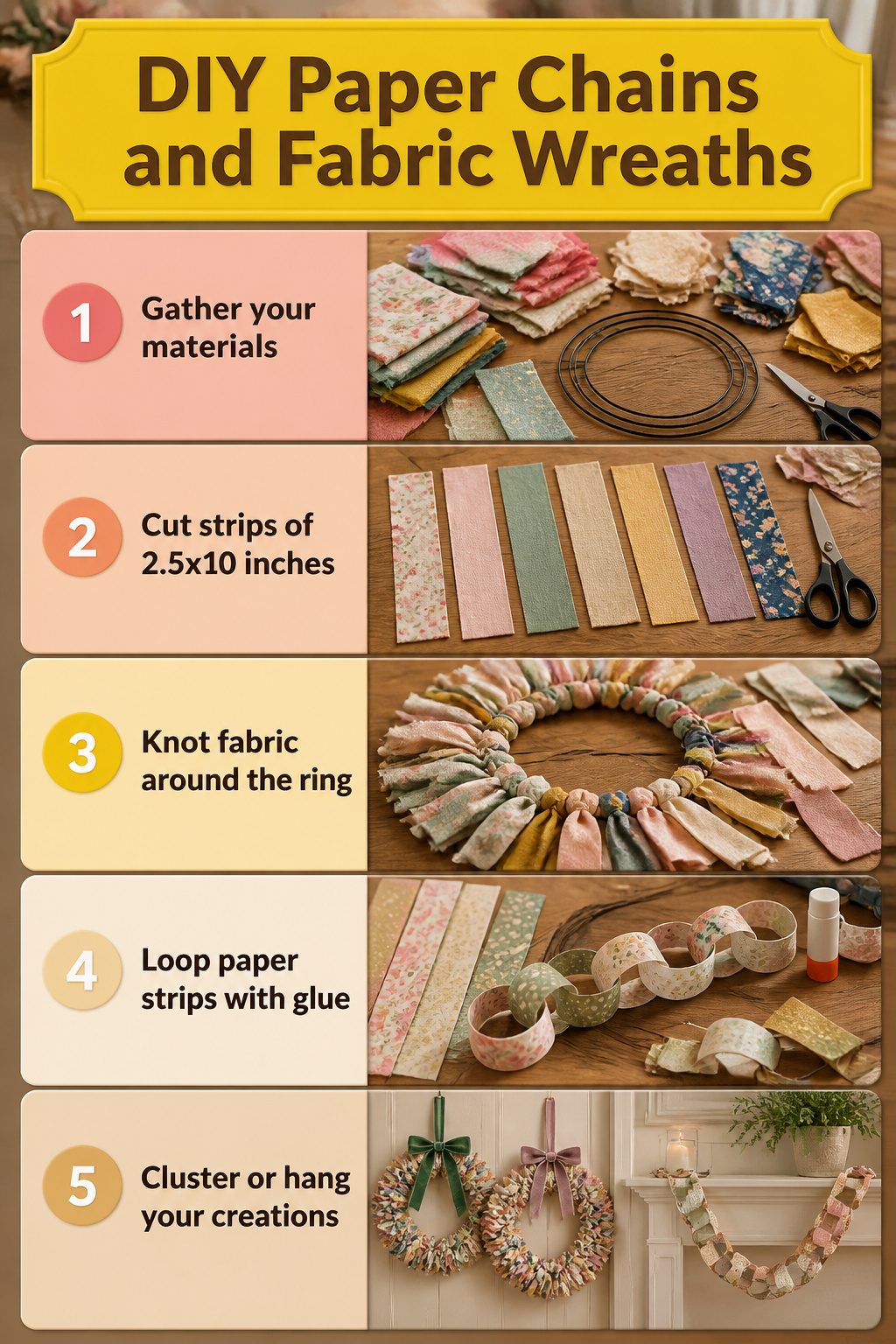 15 Simple Christmas Decorating Ideas for a Cozy 2026 Holiday 14 A collection of DIY paper chains and fabric wreaths displayed.