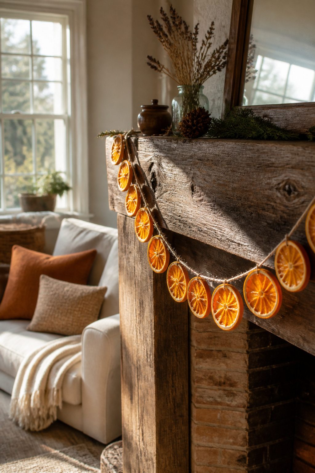 15 Simple Christmas Decorating Ideas for a Cozy 2026 Holiday 1 Dried orange garland draping over a wooden mantel with sunlight.