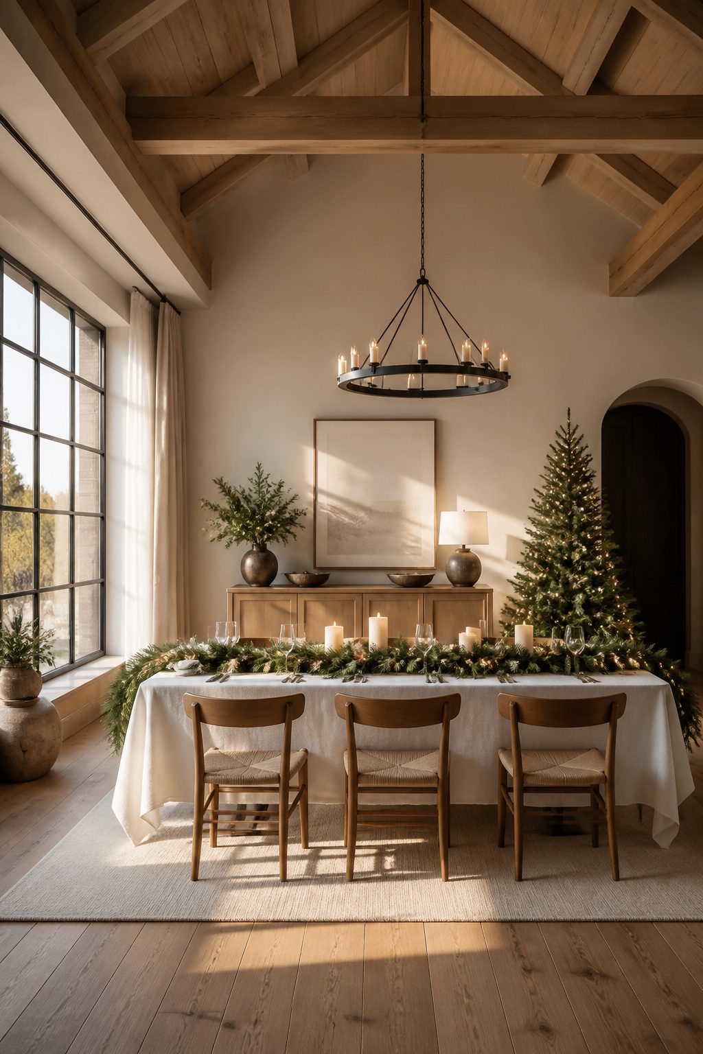 15 Simple Christmas Decorating Ideas for a Cozy 2026 Holiday 4 Cedar garland on a dining table with candles and decor.