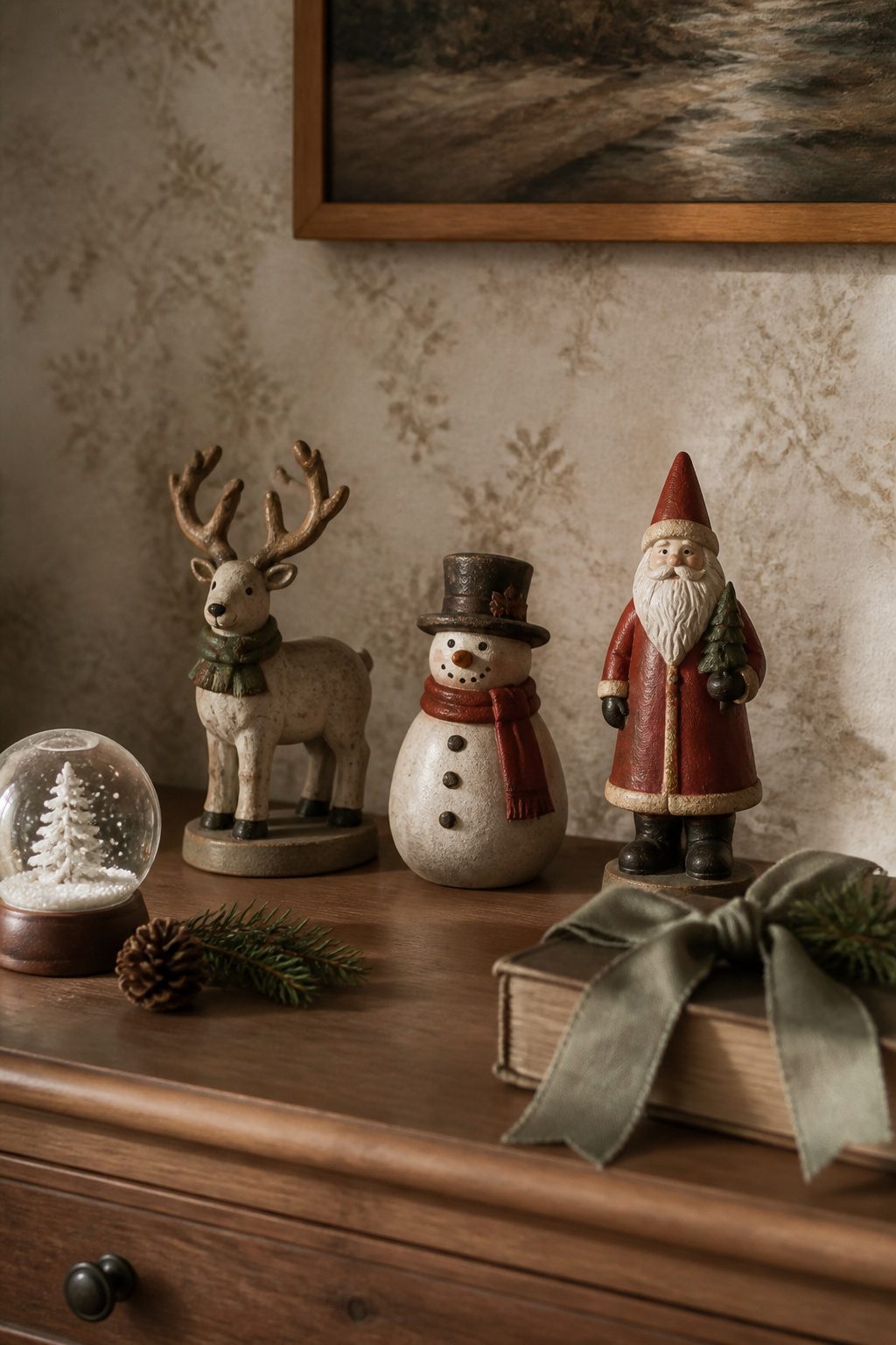 15 Simple Christmas Decorating Ideas for a Cozy 2026 Holiday 11 Figurines displayed on a wooden shelf in a cozy setting.