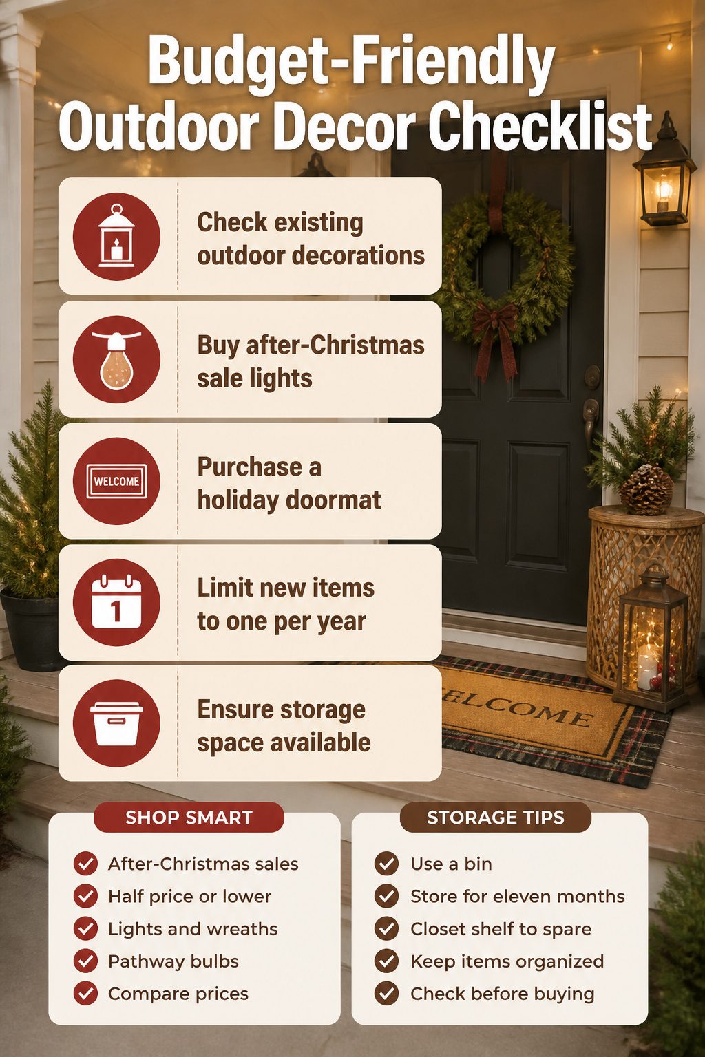 8 Simple Outdoor Christmas Decor Ideas for 2026 9 An outdoor decor checklist for budget-friendly shopping options.