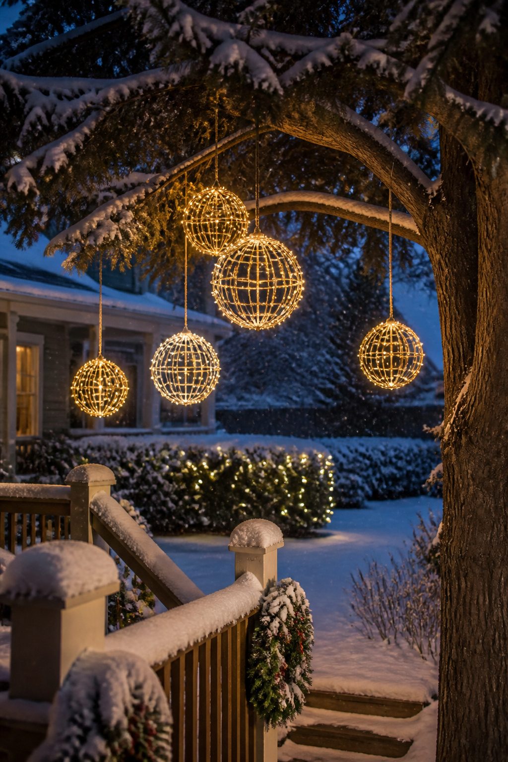 8 Simple Outdoor Christmas Decor Ideas for 2026 1 Light balls made from chicken wire and LED lights hanging from tree branches.