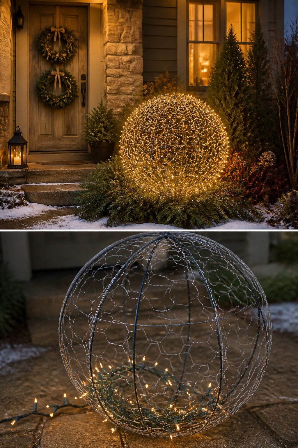 8 Simple Outdoor Christmas Decor Ideas for 2026 12 A DIY chicken wire light ball in the process of being assembled.
