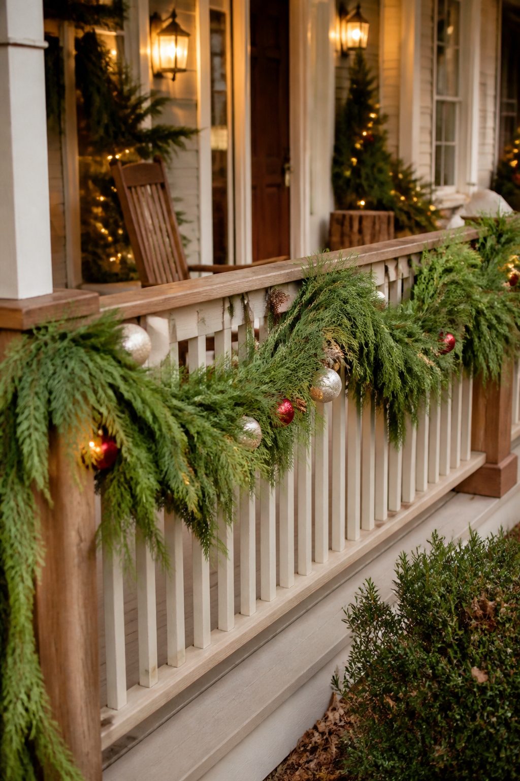 8 Simple Outdoor Christmas Decor Ideas for 2026 6 A strand of cedar and fir garland draped around a rustic porch railing.