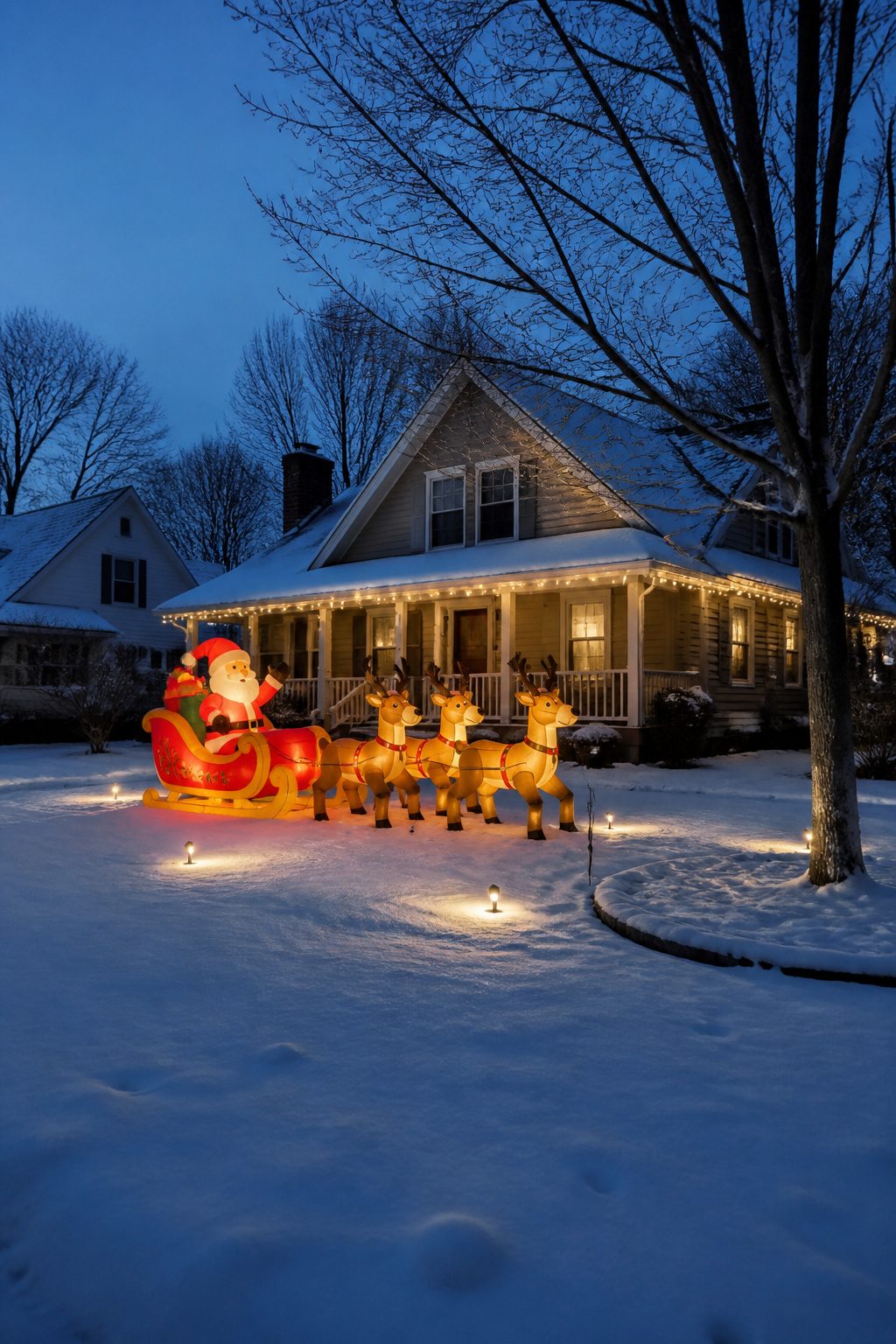 8 Simple Outdoor Christmas Decor Ideas for 2026 7 A six-foot inflatable Santa in a sleigh with reindeer in a yard.