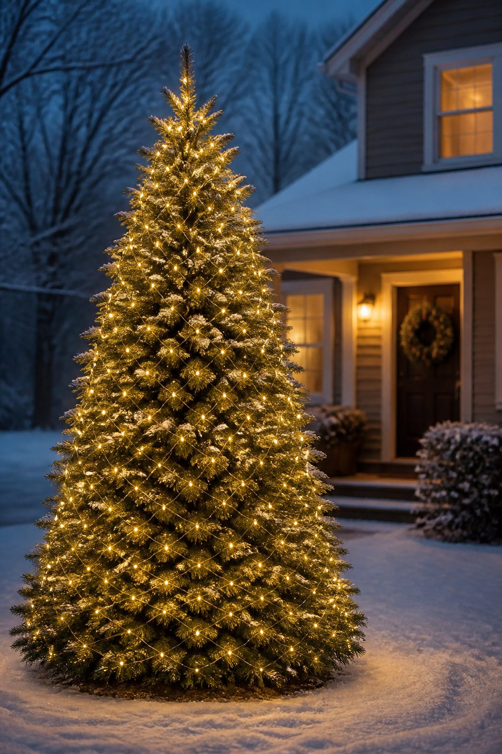 8 Simple Outdoor Christmas Decor Ideas for 2026 3 A Norway spruce tree wrapped in lights, showcasing StretchNet Pro tree wrap lights.