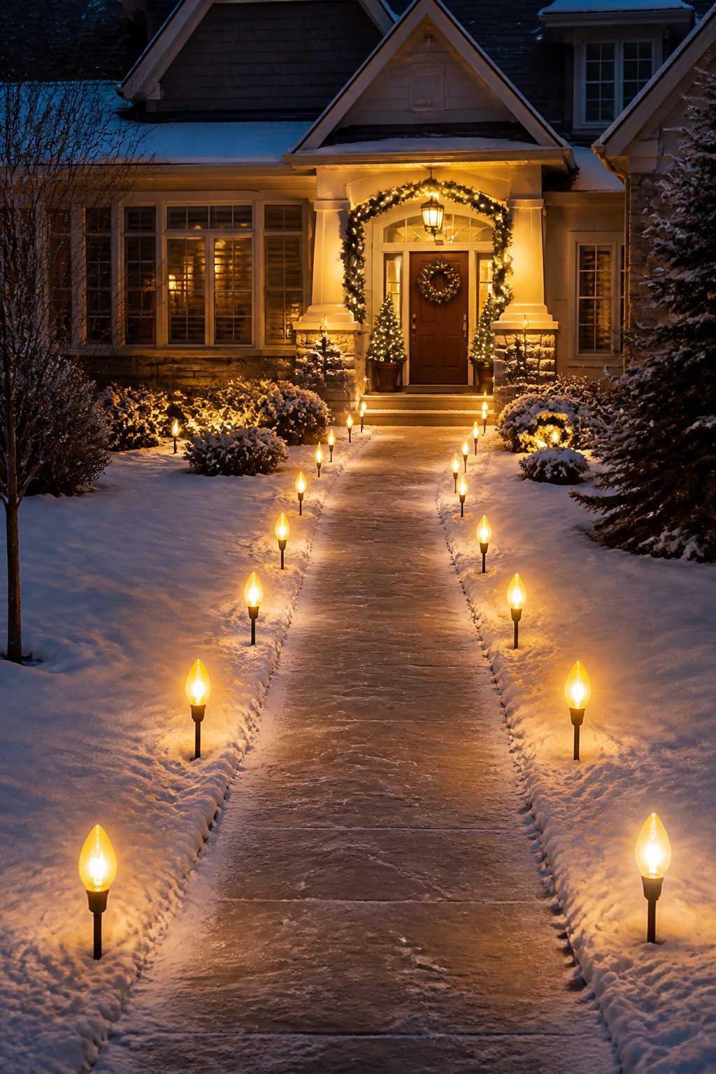 8 Simple Outdoor Christmas Decor Ideas for 2026 2 Pathway lights featuring C7 and C9 bulbs on stakes along a snowy path.