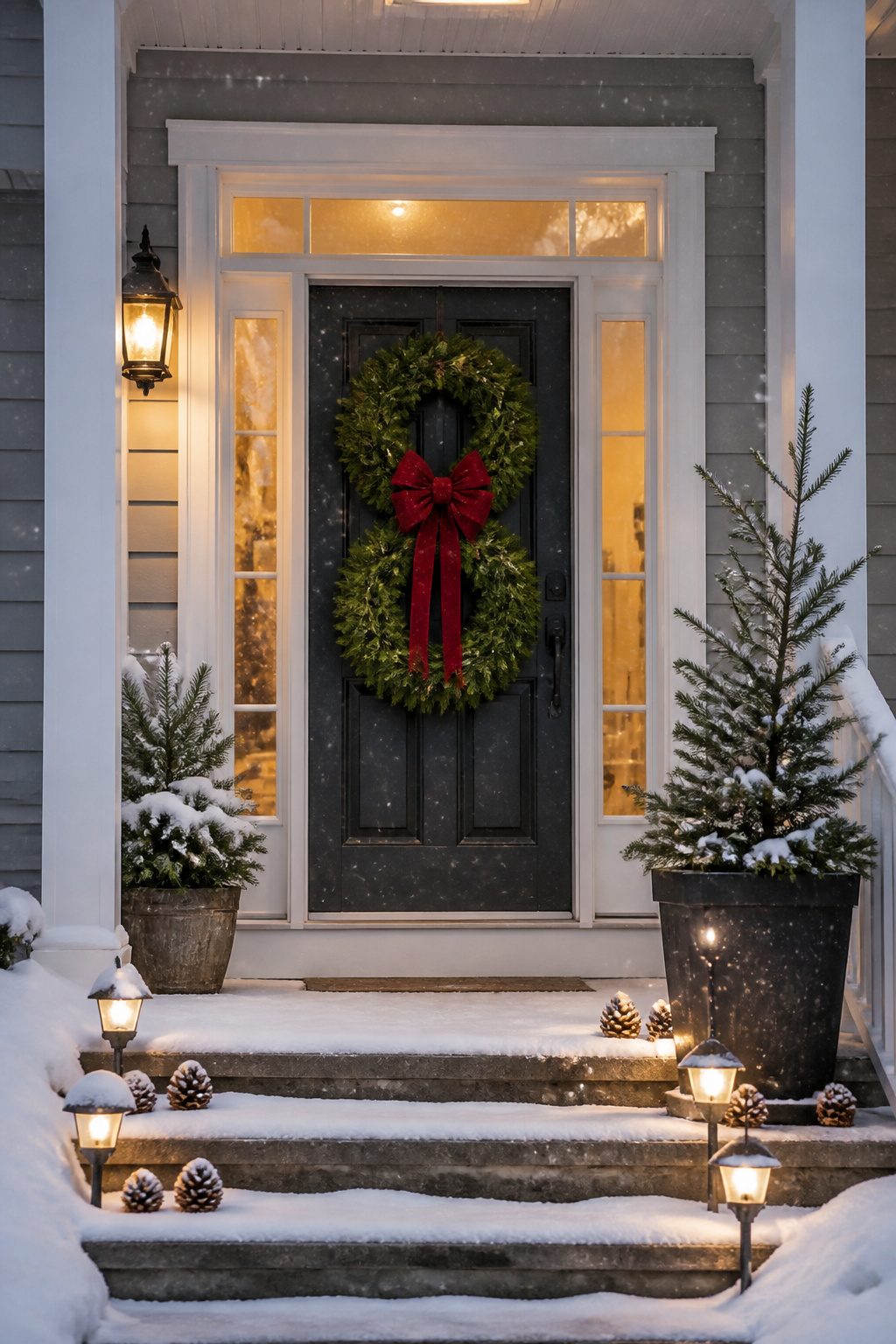 8 Simple Outdoor Christmas Decor Ideas for 2026 4 Two lush Canadian pine wreaths with red ribbons hanging on a front door.
