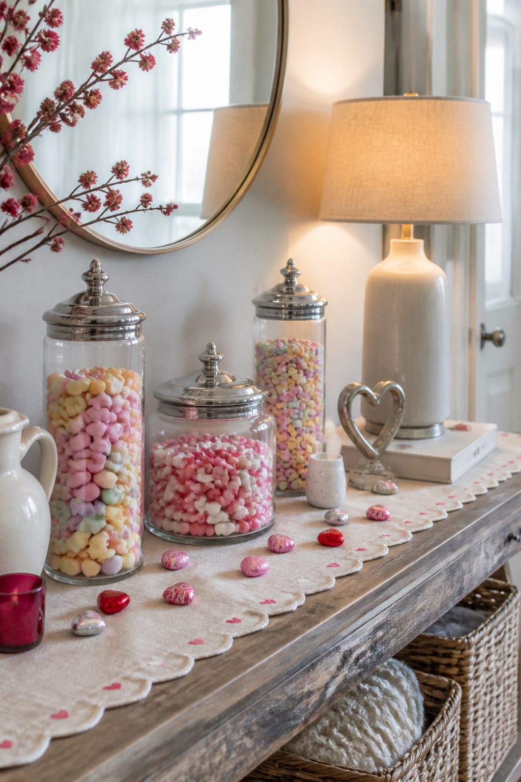 Colorful conversation hearts in glass jars on a rustic wood table.
