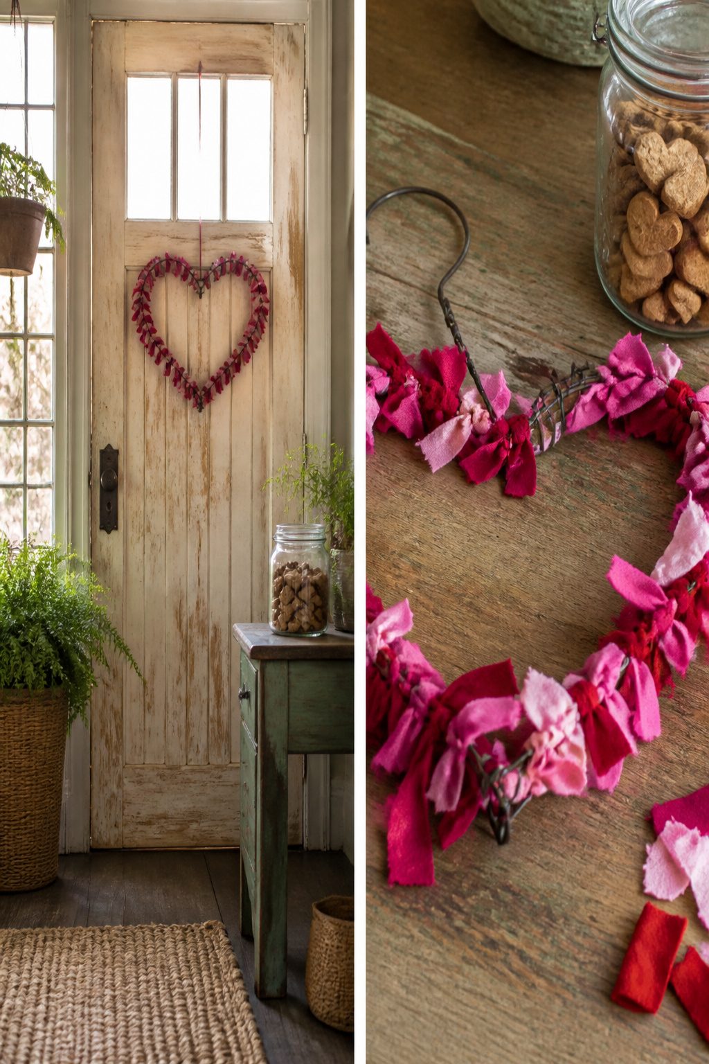 DIY heart-shaped wreath made with felt and a wire hanger.