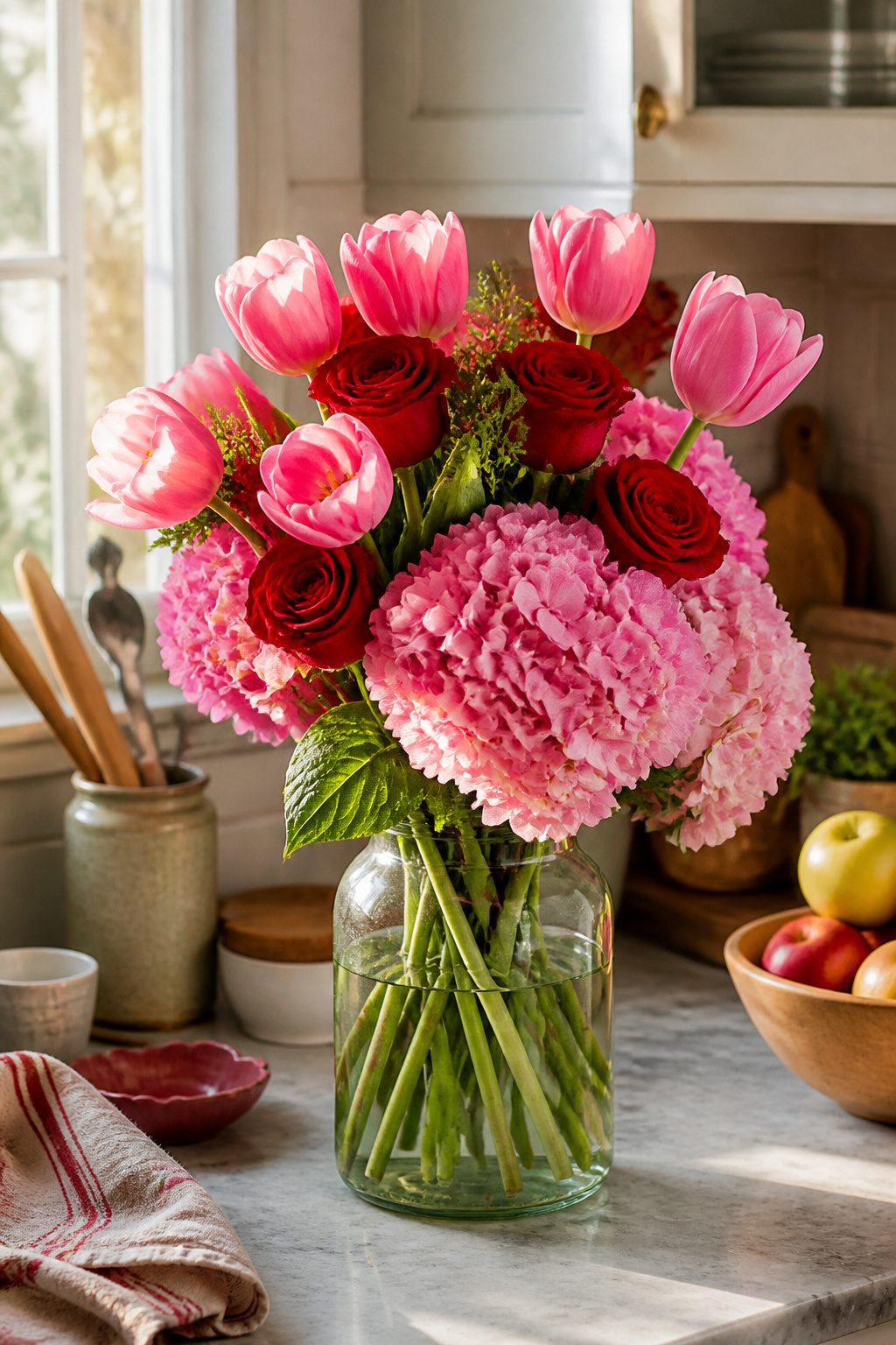 Fresh flowers in shades of pink, red, and white in a glass jar.