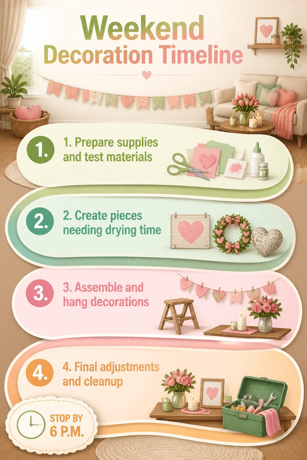 Step-by-step timeline for completing Valentine decoration projects.