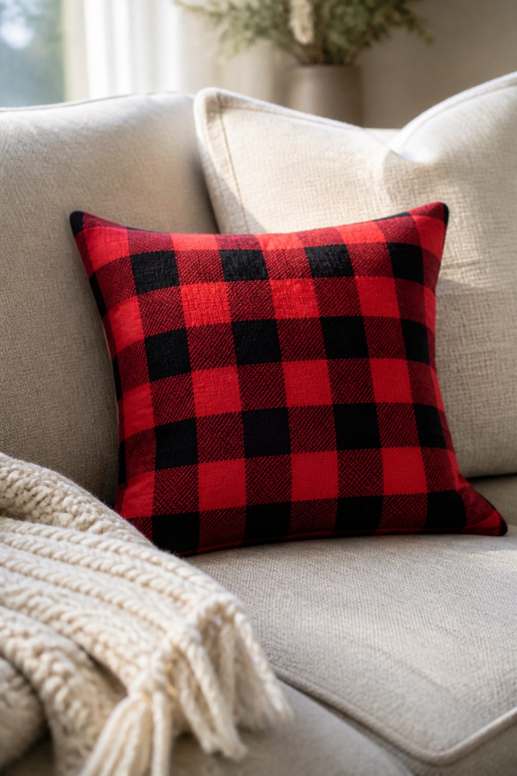 Red buffalo plaid pillow paired with heart-shaped decor on a couch.