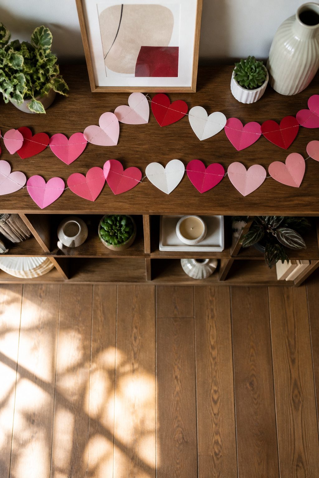 Colorful paper heart garlands displayed across a shelf.