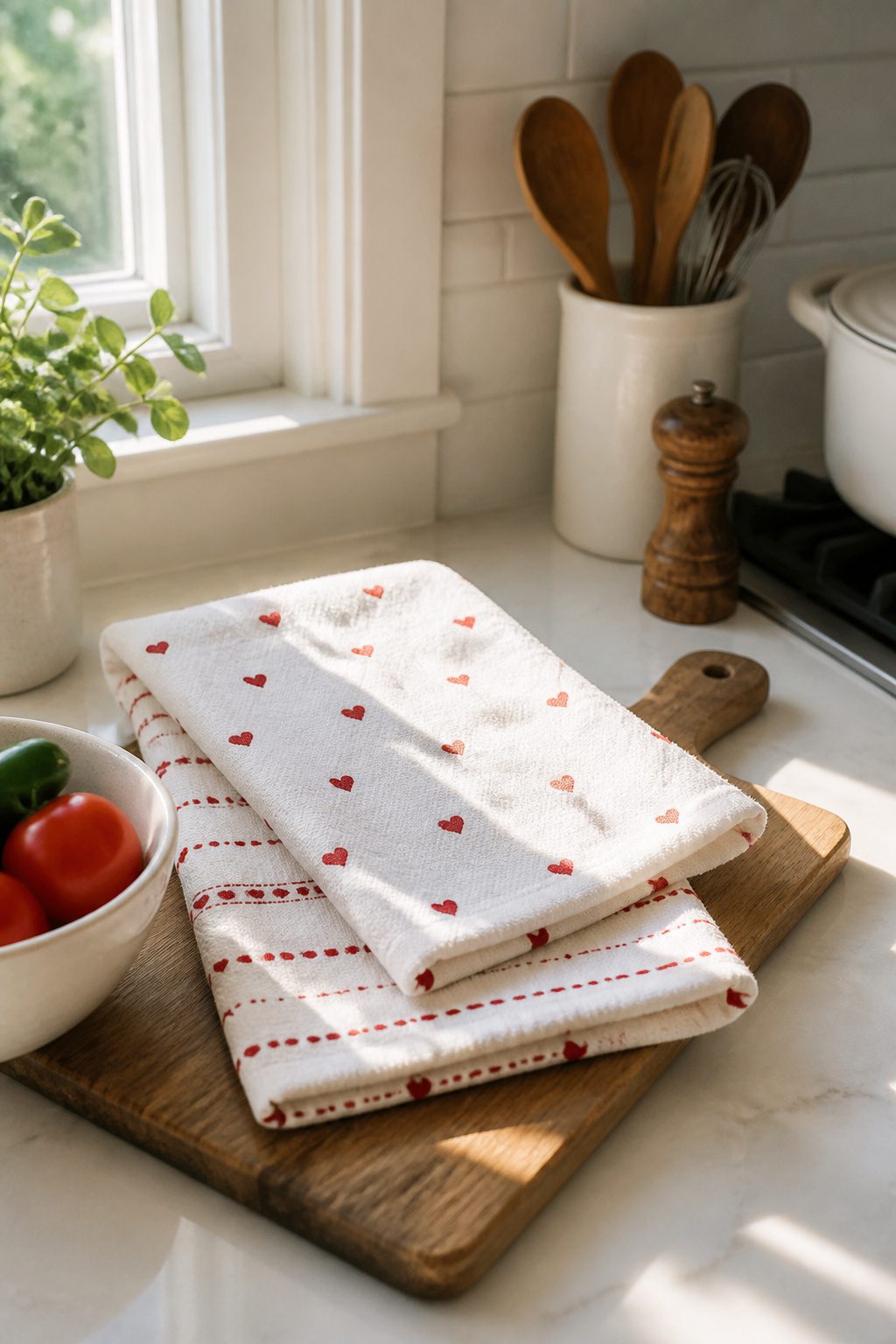 Layered kitchen towels with red heart patterns on a wooden cutting board.