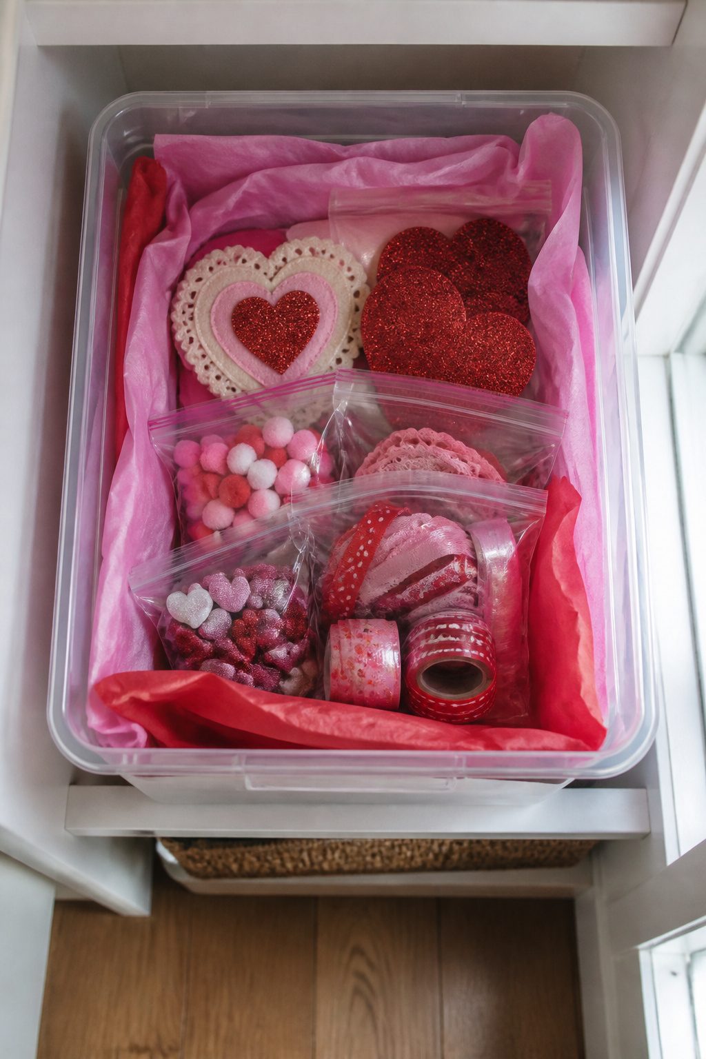 Storage bin organized with Valentine decorations and labeled.