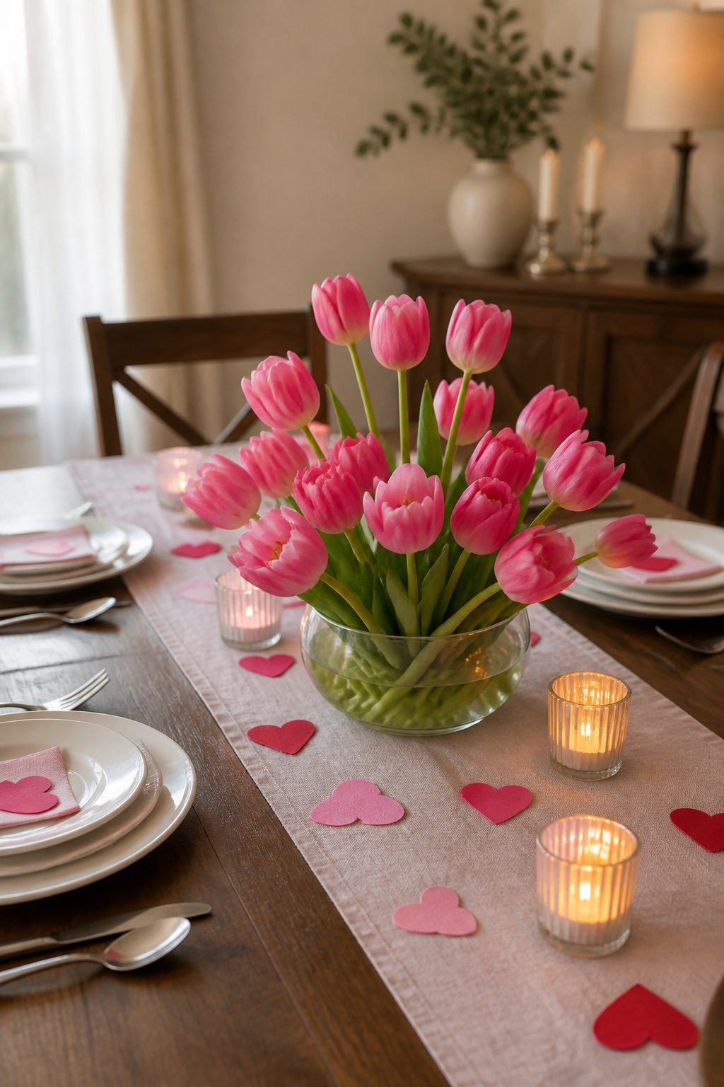 Table centerpiece featuring short flowers in a ceramic vase.