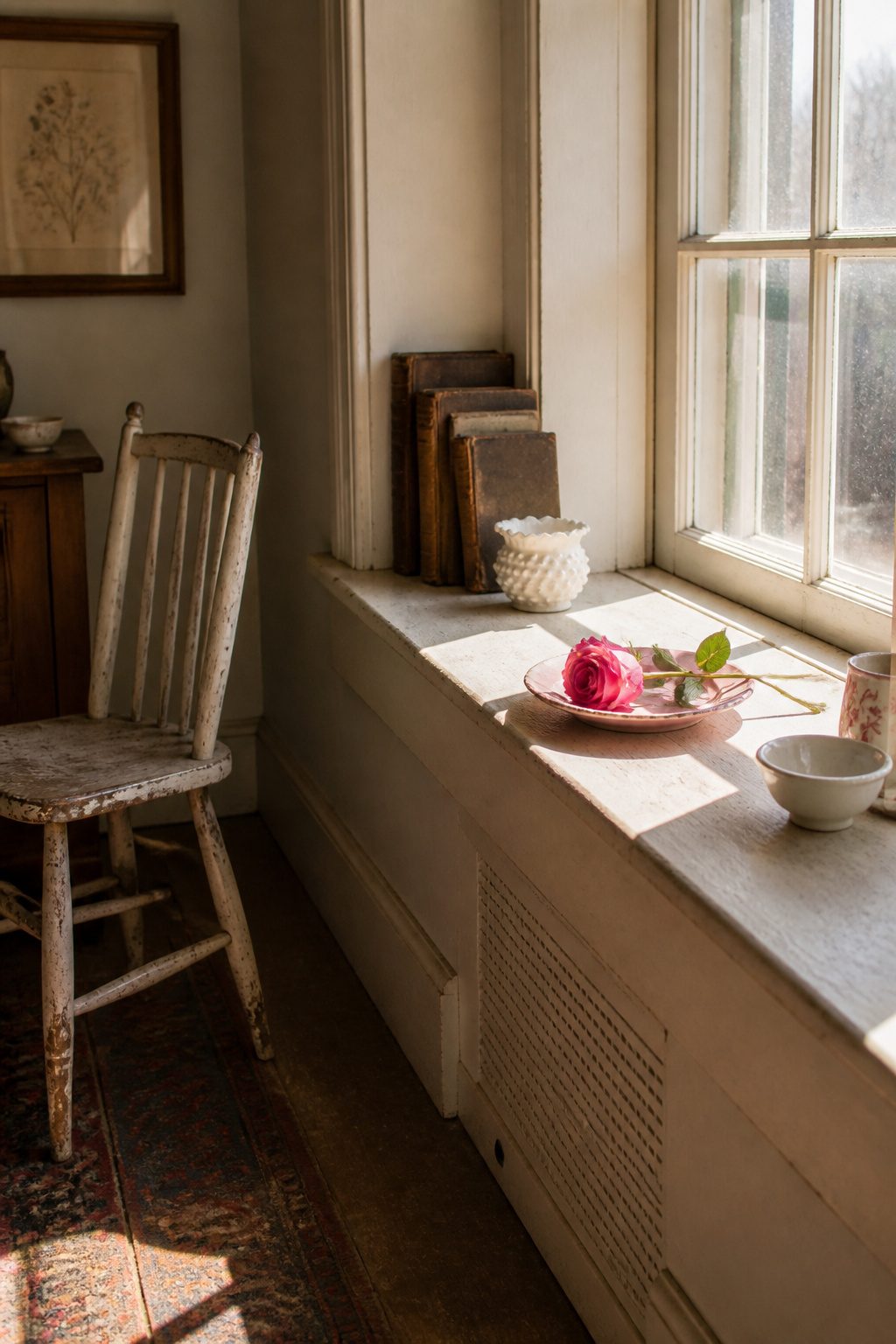 Chipped pink saucer with a grocery-store rose on a windowsill.